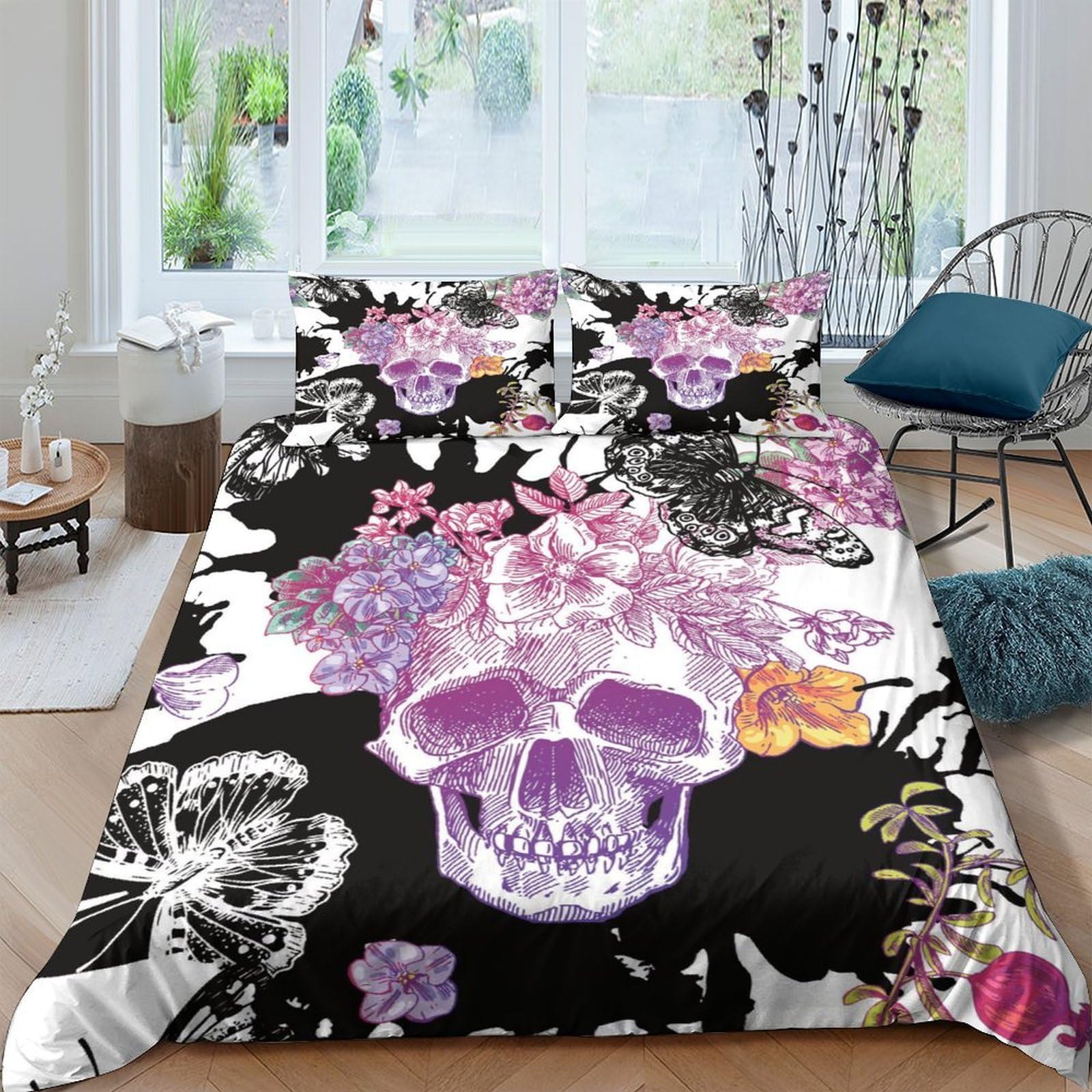 Ctjqhvkz Style-10 3D Printed Skull Floral Fitted Sheet Microfiber Black Purple Butterfly Bed Cover For Bedroom Guest Room Decor Single（135X200cm）