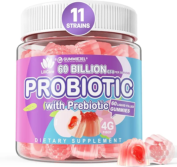 Sugar Free Probiotic Gummies 60 Billion CFU 11 Strains with Prebiotics Fiber, Probiotics Filled Gummies for Women Men Digestive Health, Peach Flavor, Supports Constipation, Diarrhea, Gas & Bloating