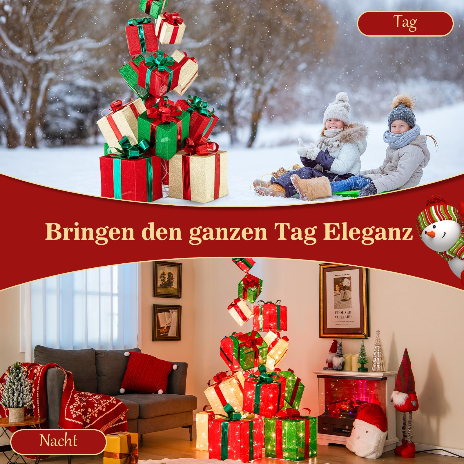 COSTWAY 170 cm große LED Geschenkboxen, 15 gestapelte Weihnacht Dekoboxen mit 450 warmweißen Lichtern, Metallsockel, beleuchtete Weihnachtenbox, Weihnachtsdeko für außen und innen