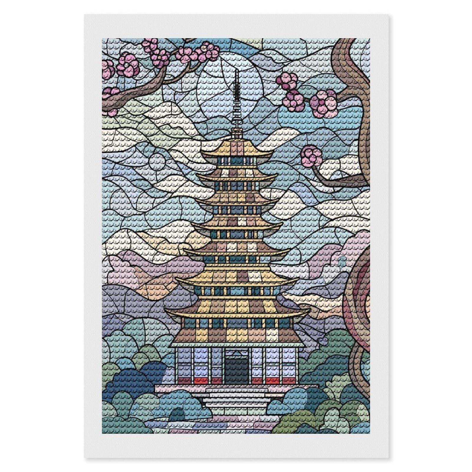 Junmoney Stained Glass Pagoda and Cherry Blossoms Diamond Painting Set 8"x12", for Beginners, Modern Decor, Simple to Start, Gift Idea, Pleasing Wall Art Project