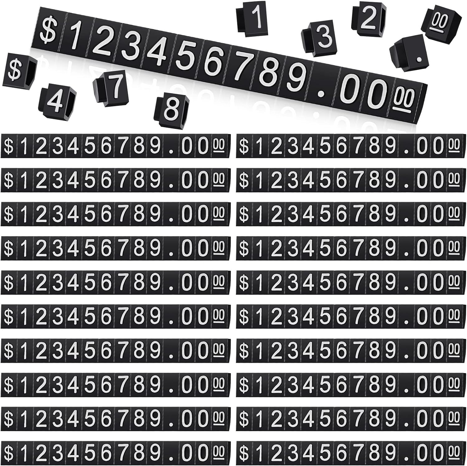 Price Display Cube - Number Letter Tag Stand Label, Adjustable Dollar Pricing Block Kit for Retail Shop Jewelry (20 Sets, Black & White)