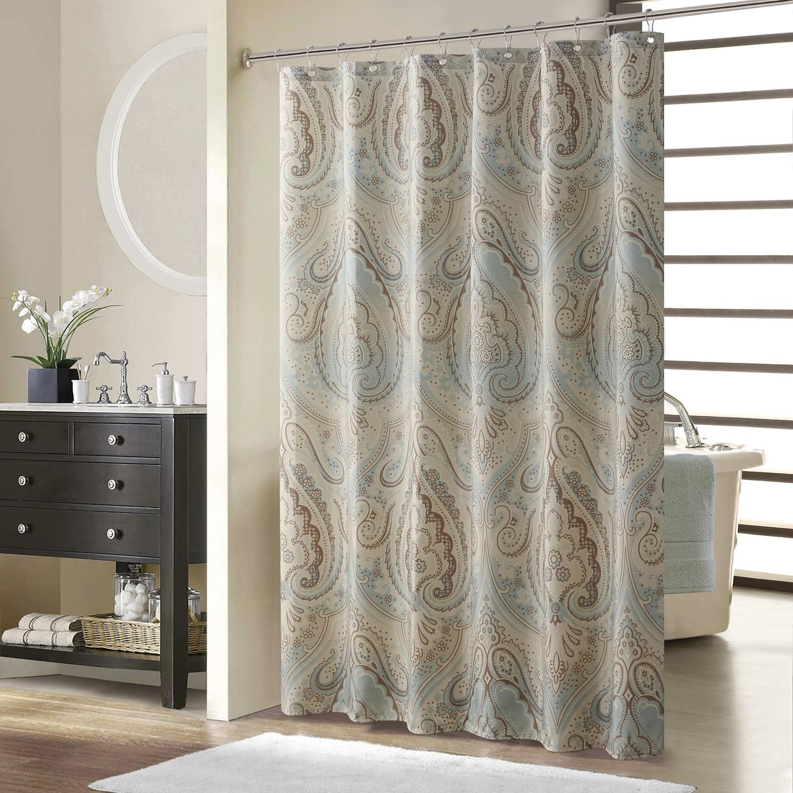 54x78 Inch Stall Shower Curtain, Blue and Tan Boho Paisley Print Fabric Shower Curtains for Bathroom, 54" W x 78" H