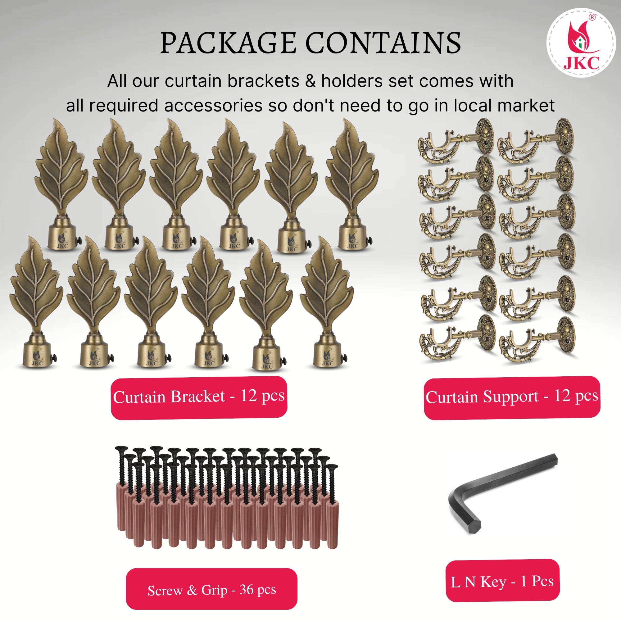 JKC Antique Look Zinc Alloy Leaf Curtain Brackets and Holders - Curtain Bracket Set with Curtain Knobs and Rod End Cap, Ideal Curtain Knob Solution - Bracket 12 Holder 12 4
