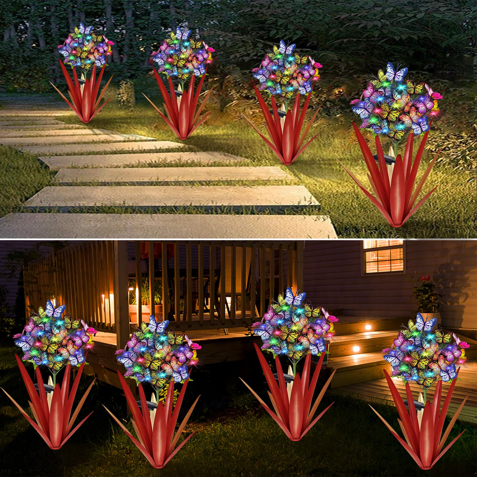 Homight Solar Metall Agave Schmetterling Blume Stick Garten Skulptur – Outdoor Weihnachtslichter, schwingende Solarleuchten Geschenk (2 Stück rot)