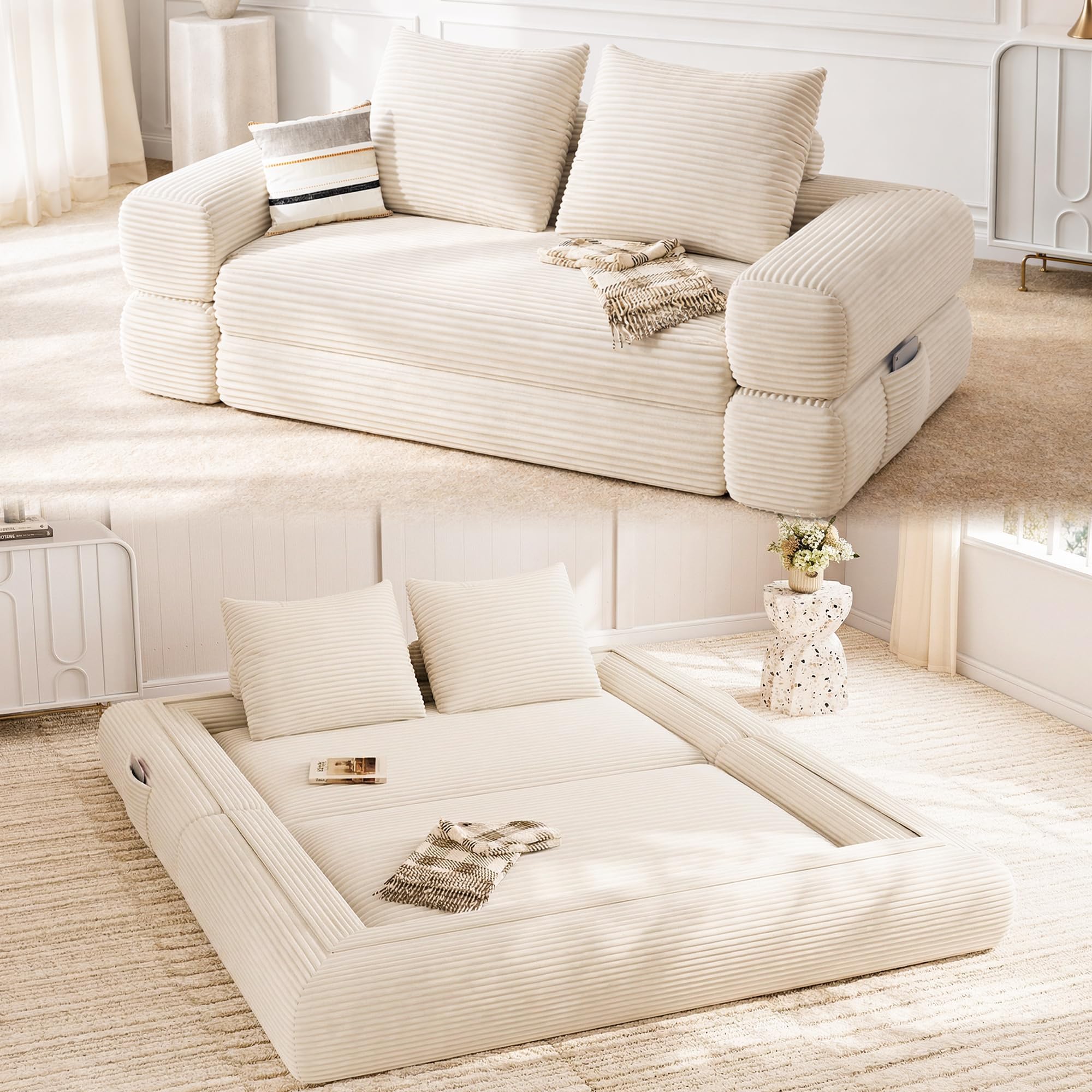 Photo 1 of ***DAMAGED - SEE NOTES/PICTURES***TRUCK/TRAILER PICKUP ONLY***Jocoevol 4-in-1 Convertible Folding Sofa Bed, 68"L x 78"W Queen Size Foldable Sleeper Sofa Bed, Wide Corduroy Upholstery, Boneless Mattress Couch with Armrests & Neck Pillow for Living/Bedroom,