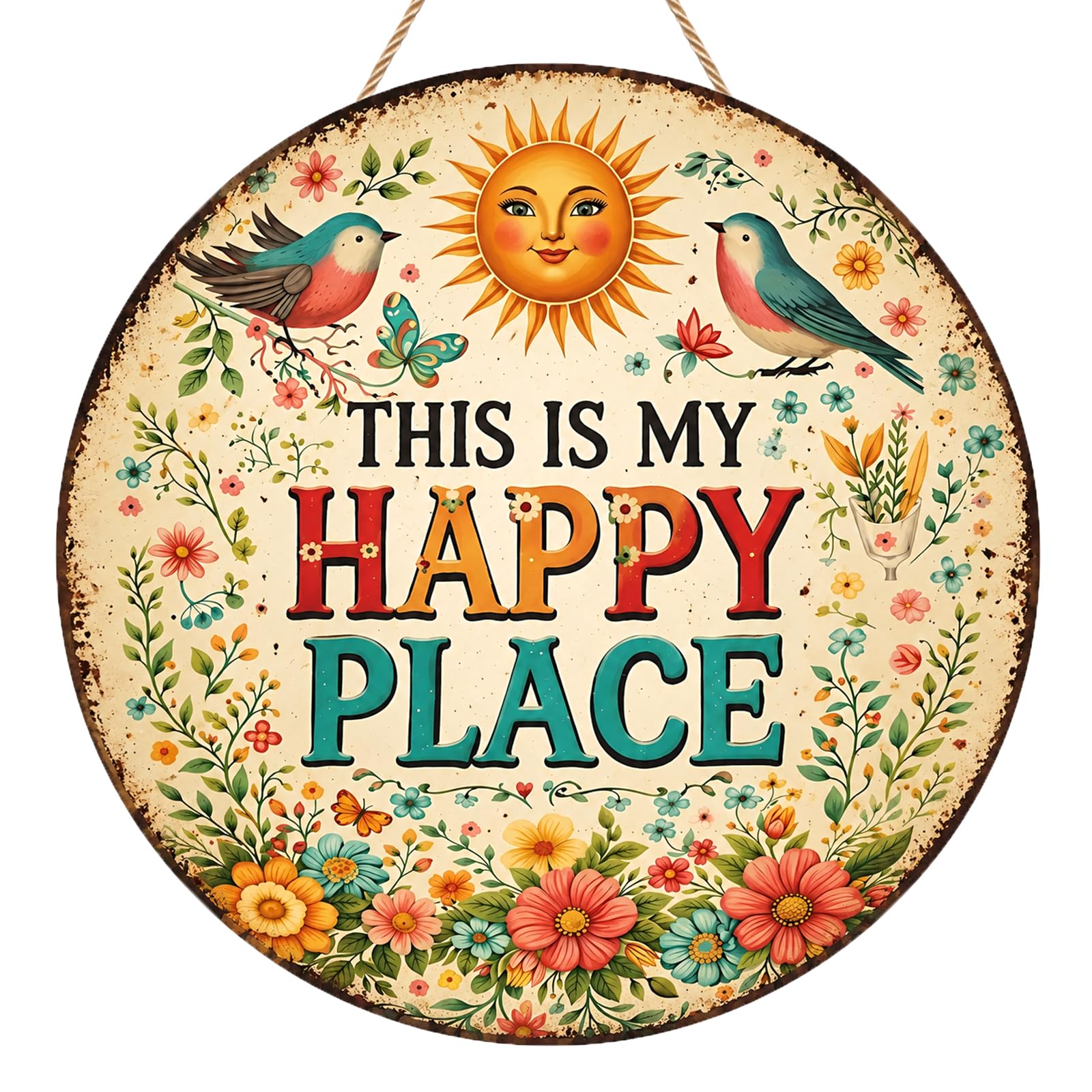 This is My Happy Place Garden Sign, Garden Wall Art Outdoor, Vintage Tin Signs with Floral, Metal Signs & Plaques for Outside, Patio, Home, Yard, Door, 8 x 8 Inch