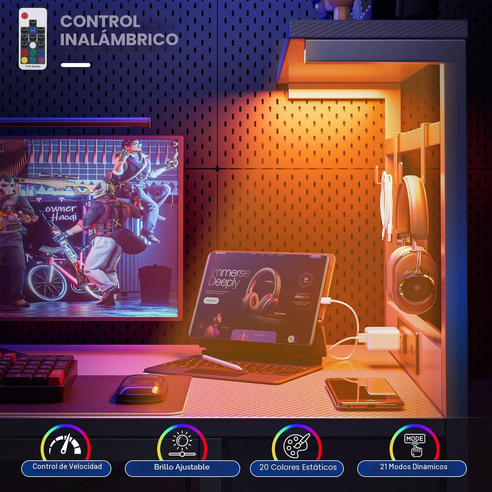 Grandder Escritorio para juegos de 55 pulgadas con toma de corriente y luz LED, escritorio para computadora con estantes reversibles y cajón de almacenamiento, escritorio pequeño para mesa de oficina