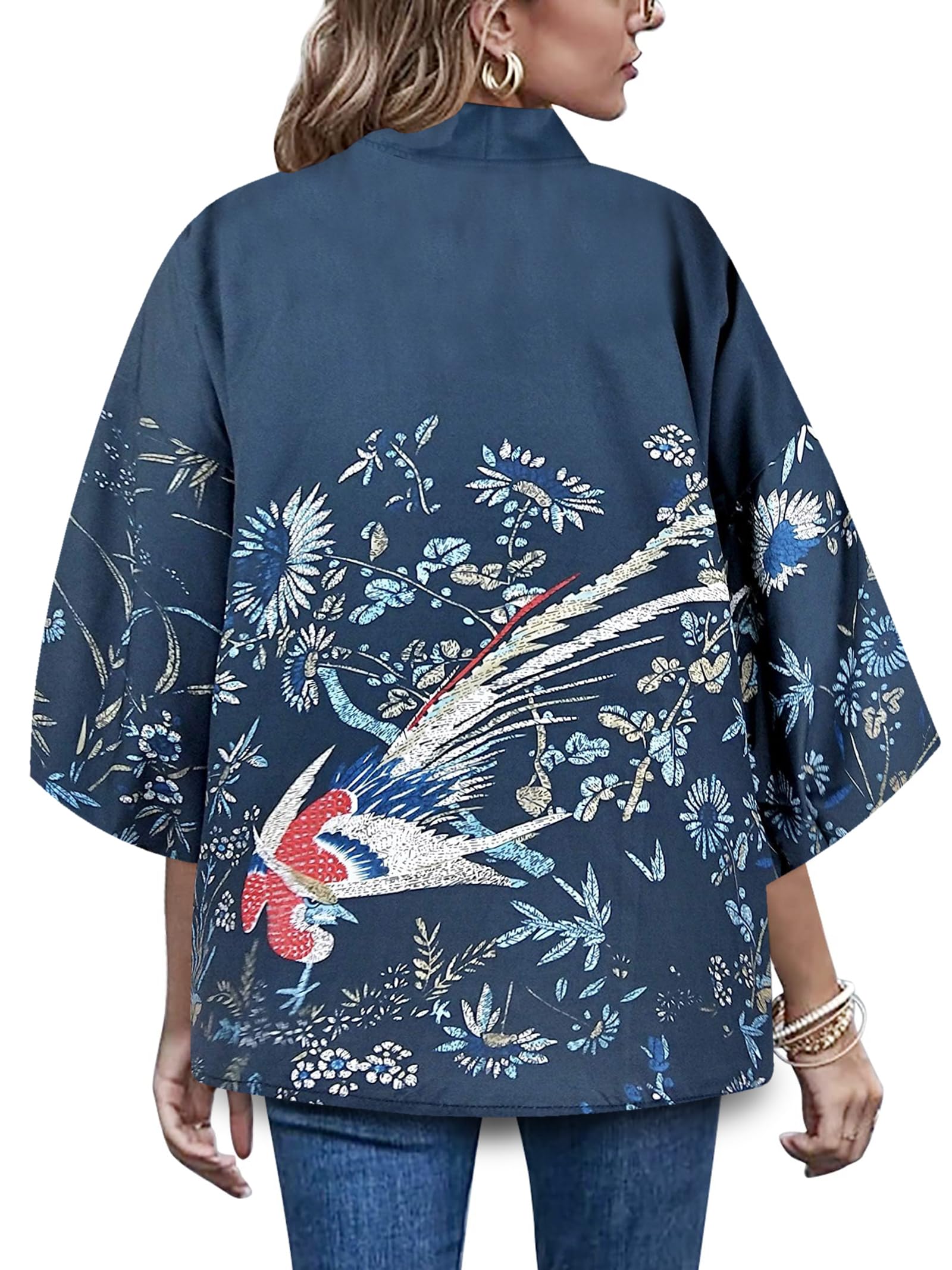 LAI MENG FIVE CATSWomen's Floral Print Puff Sleeve Loose Blouse Japanese Kimono Cover up Casual Cute Tops