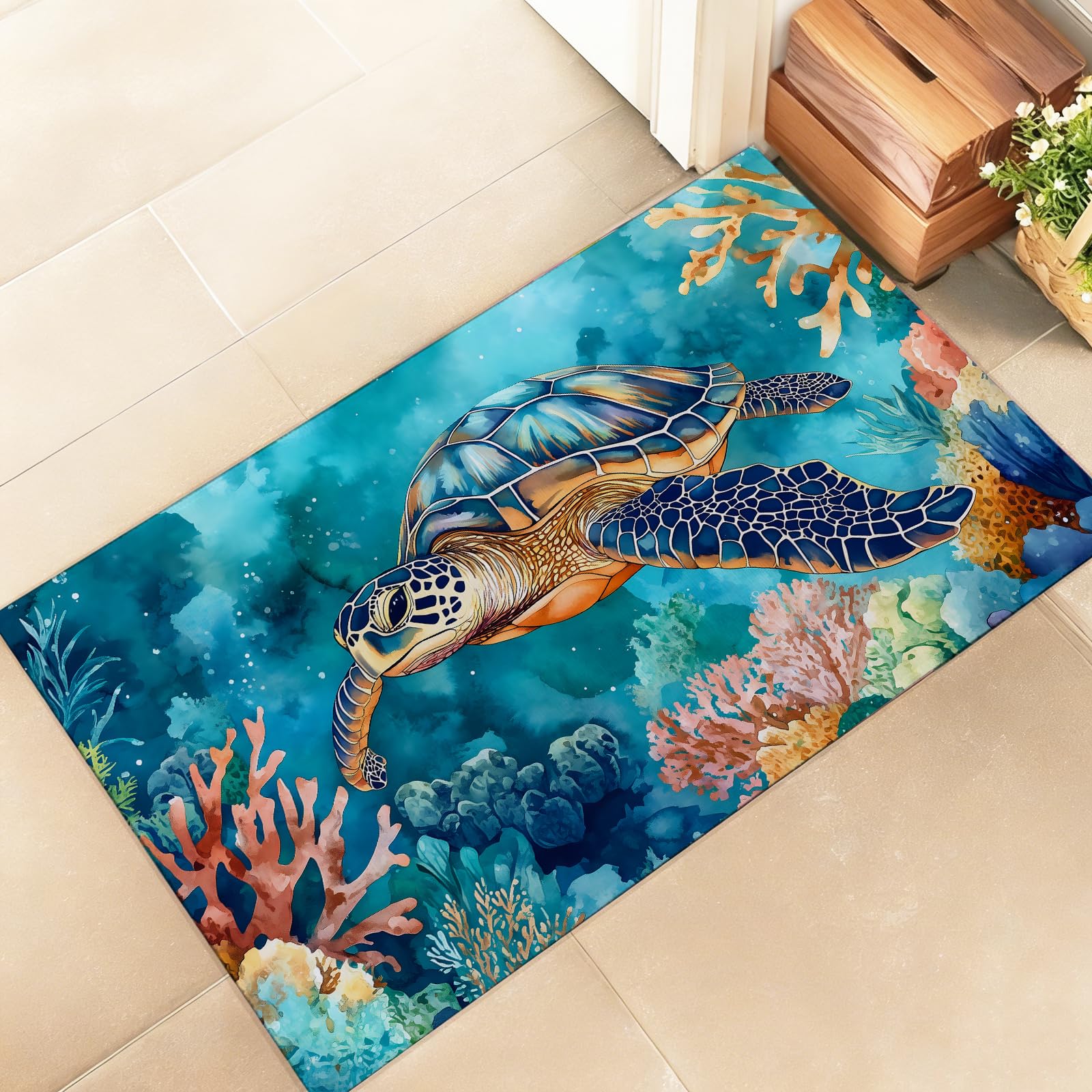 amepay Sea Turtle Indoor Door Mat – Stylish 17x29.5in Non-Woven Fabric Floor Doormat with Coral Reef Design, for Porch Insider,Bedroom,Living Room - Nautical Coastal Ocean Decor Rug Gitfs