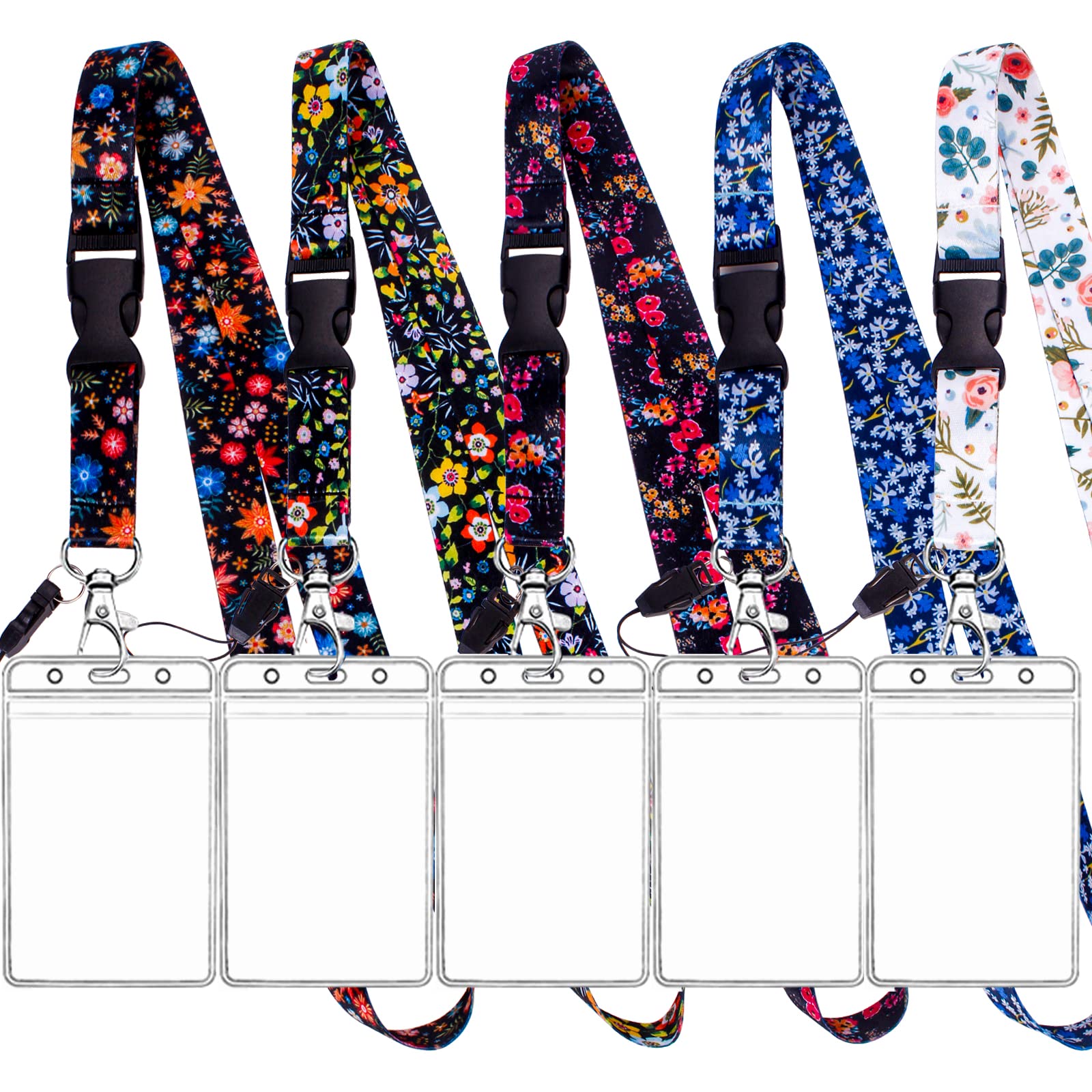 XIANGXING5 Pack Neck Lanyards with 5 Clear ID Card Holders, Cool Lanyard Strap Keychain with Detachable Buckle for Women Men Teacher Keys Badge ID Card Phone (Flowers - 5pcs) (XXK01)