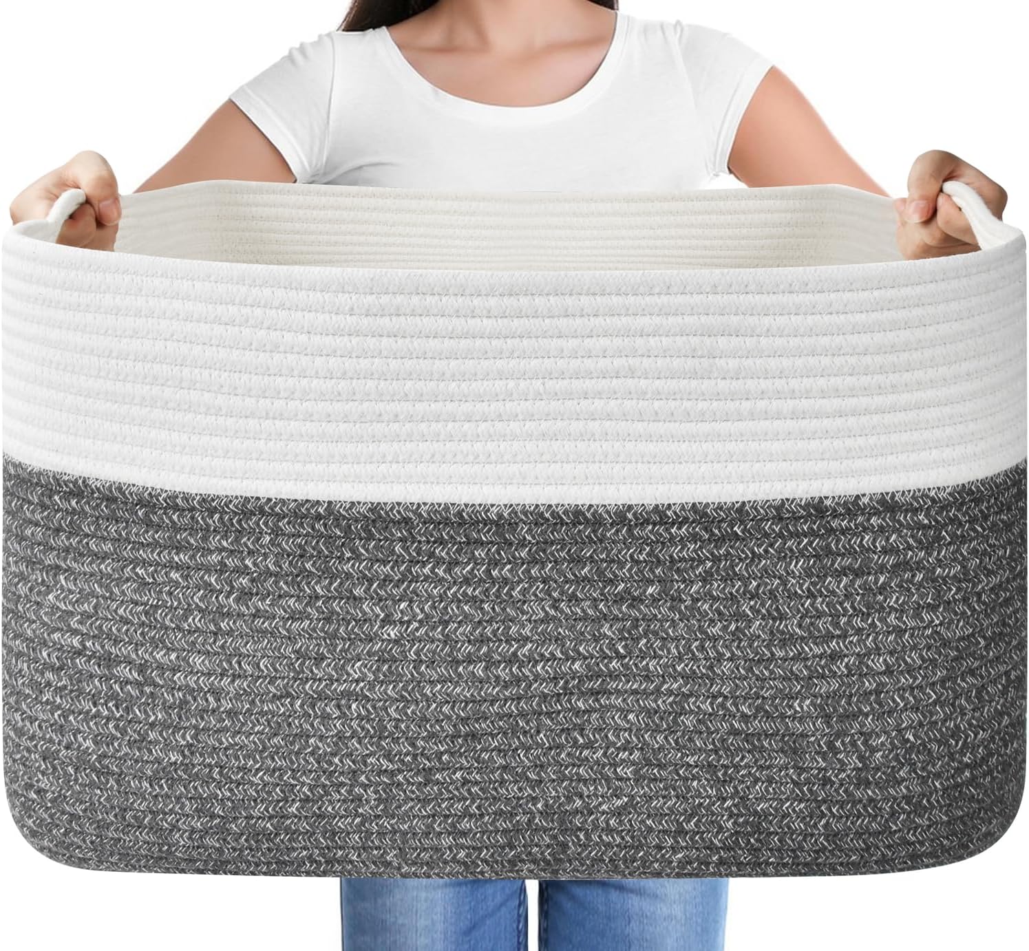 Issudata Large Blanket Basket, Rectangle Woven Baskets for Storage, Blanket Storage for Living Room, Cotton Rope Basket for Toys，Big Storage Basket for Blankets