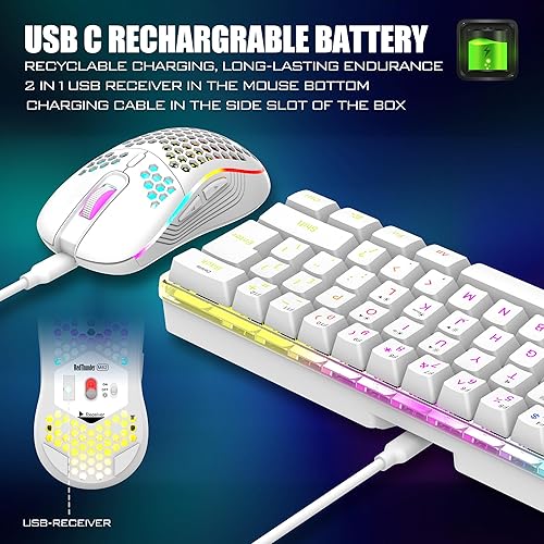 Miniatura 3 de RedThunder Combo de teclado y mouse inalámbricos 60% para juegos, batería recargable de 2500 mAh, teclado pequeño ultracompacto RGB con sensación