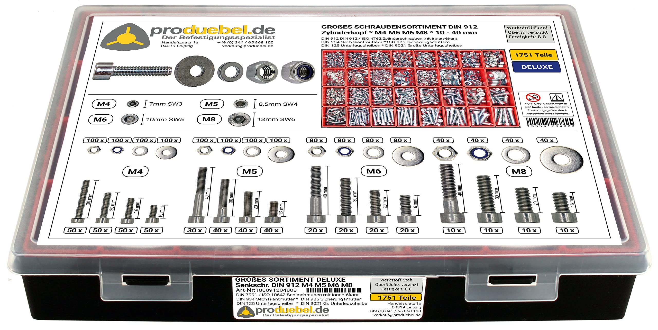 Großes Schrauben-Sortiment DIN 912 Zylinderkopf M4/M5/M6/M8 Stahl verzinkt 8.8 (DIN912+934+985+125+9021) 1751-tlg (Deluxe-Box)