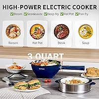 Vista 2 de 3-Quart Electric Hot Pot & wok Nonstick with Steamer Electric Skillet 1200W for Dorm, Home, Gifts (Includes Silicone Spatula) Multi-Cooker