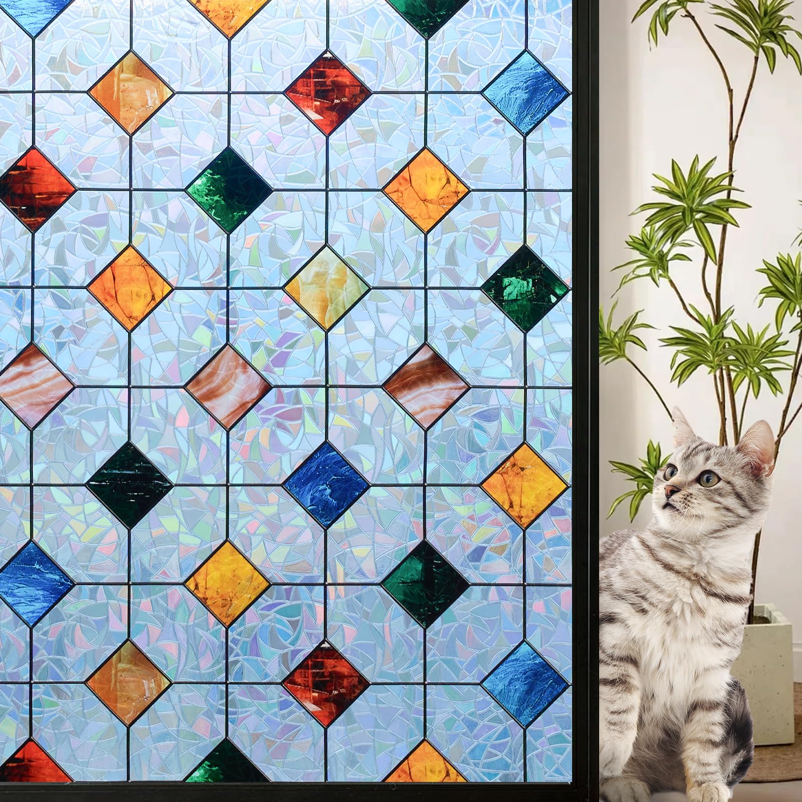 dktie Window Film Privacy Colorful Plaid Decorative Film (Rainbow, 90x200cm)