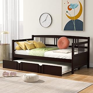 Merax Daybed with Trundle Bed Wooden Slats Support Modern Living Daybed with Rails, Twin Size, Espresso