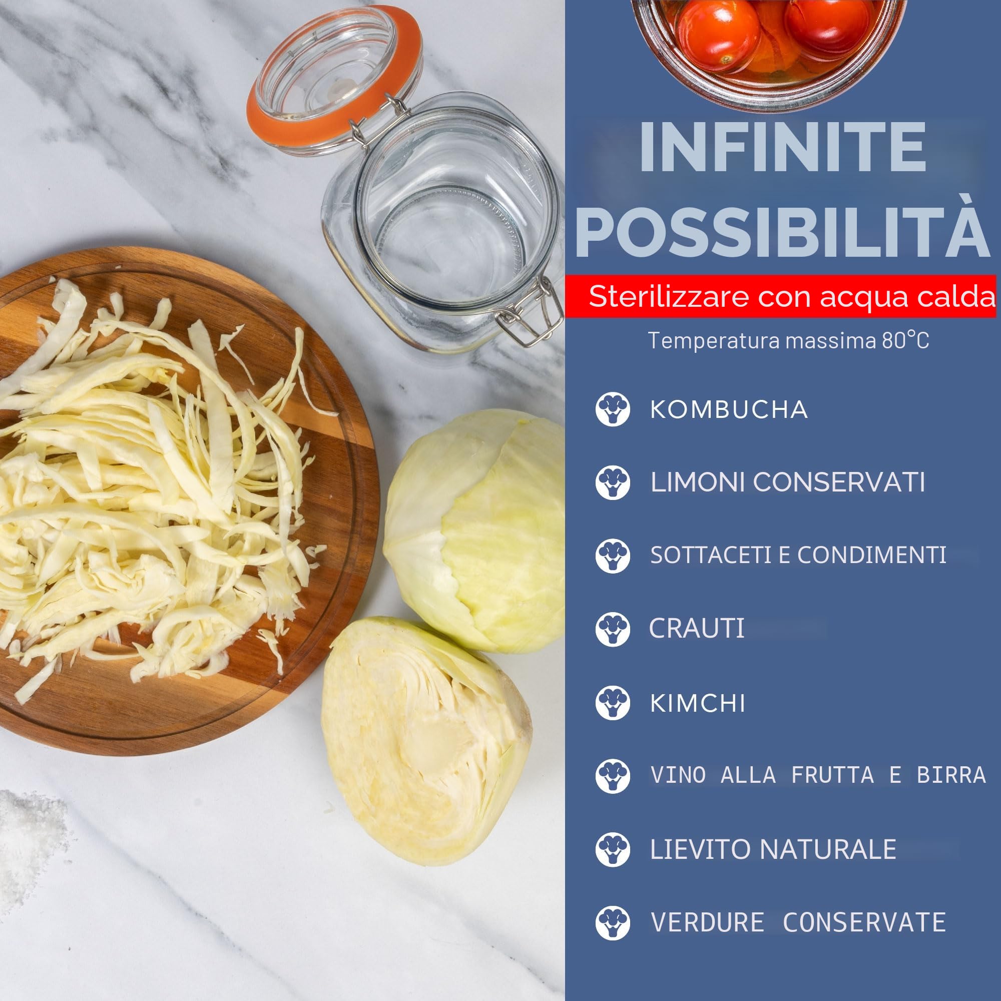 HEFTMAN Barattolo per fermentazione con Airlock, 1 l, ideale per fermentazione sicura, coperchi in silicone e pesi di fermentazione, confezione da 2