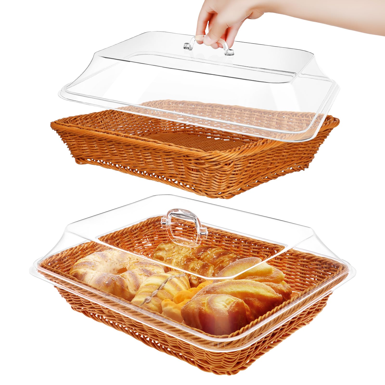 2 Pcs Rattan Bread Basket 15.7 x 11.8 Inch Woven Imitation Rattan Fruit Basket with Acrylic Lid Wicker Bread Basket for Serving with Cover Food Vegetable Display Storage Baskets for Kitchen Restaurant