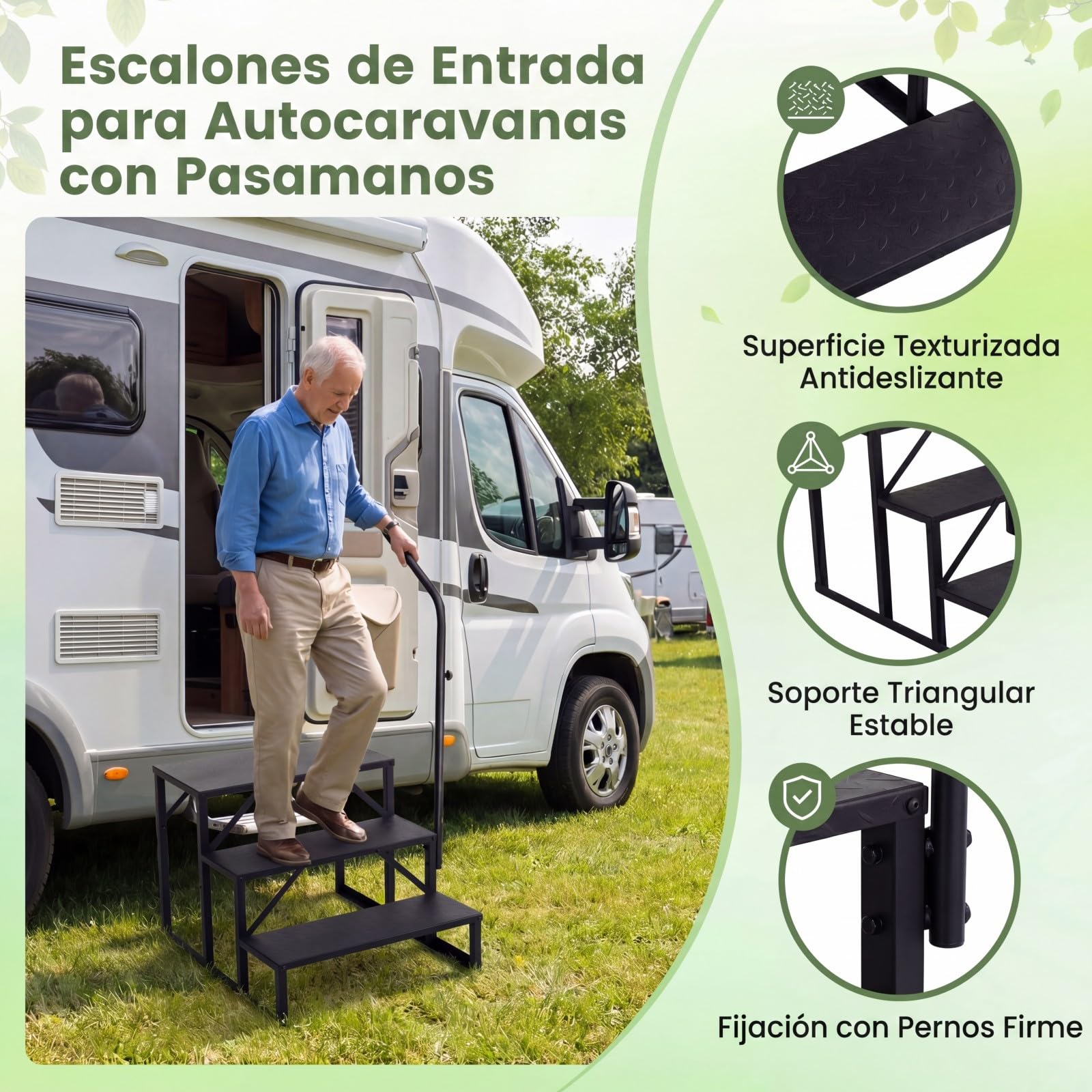 GYMAX Escalera de 3 Peldaños para Autocaravanas – Portátil de Metal, 300 kg de Capacidad. con pasamanos y Plataforma Ancha Antideslizante. Ideal para jacuzzis y Piscinas. Medidas: 79 x 68 x 129 cm