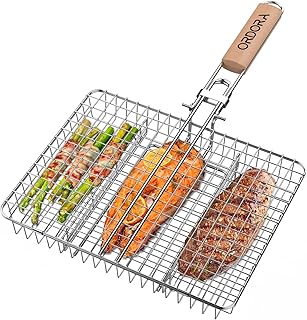 ORDORA Grill Basket, Fish Grill Basket, Rustproof 304 Stainless Steel BBQ Grilling Basket for Meat,Steak, Shrimp, Vegetables, Chops, Heavy Duty Grill Basket Outdoor Grill Accessories