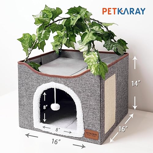 Miniatura 2 de PETKARAY Cueva para gatos, camas para gatos de interior, casa de cubo cubierta para gatos con bola de felpa y almohadilla para rascar, condominio