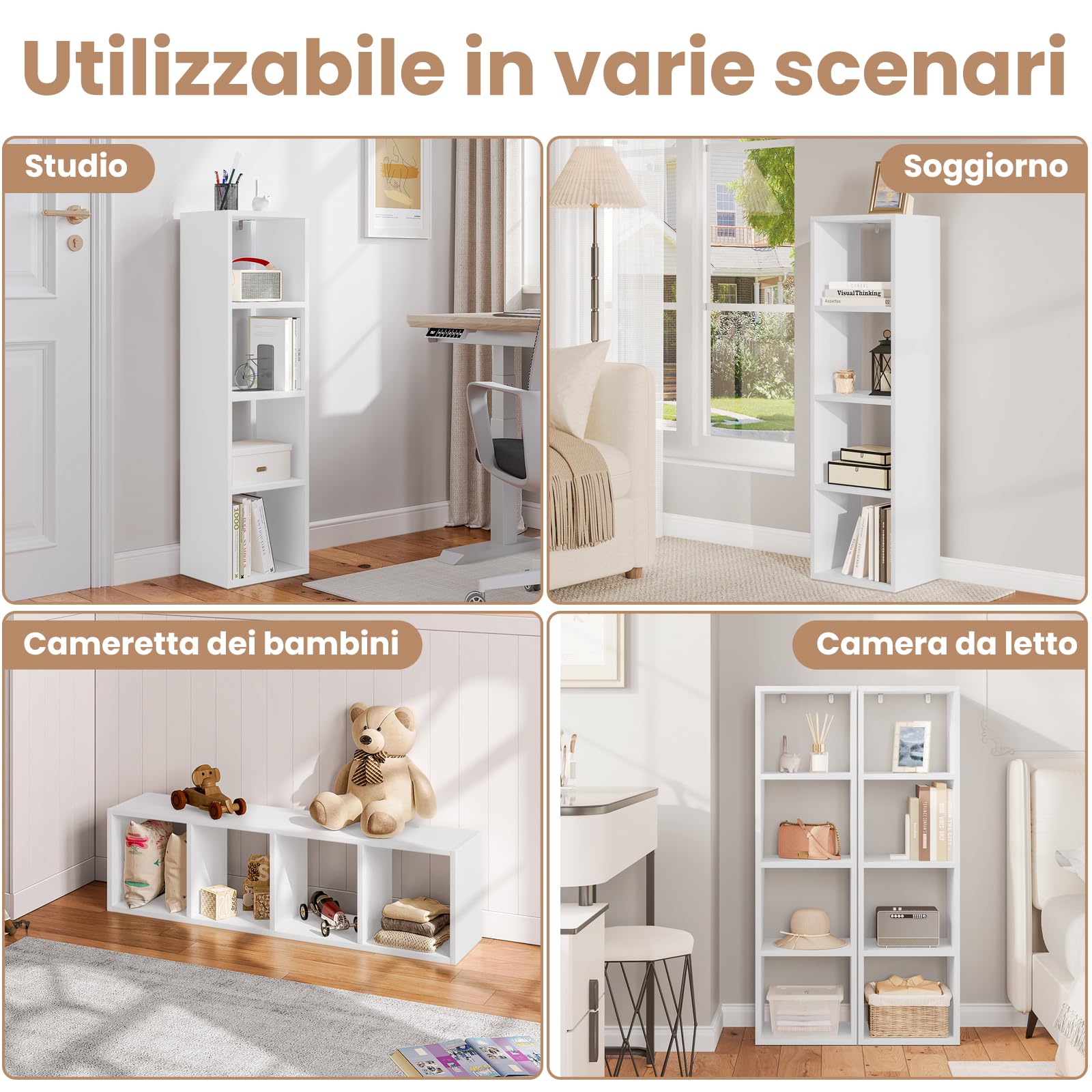 WOLTU Libreria con 4 Livelli, Scaffale a Cubo in Piedi, Scaffale Aperto, per Soggiorno, Studio, Camera da Letto, Ufficio, 30x106,5x23,5 cm, Bianco, SK051ws