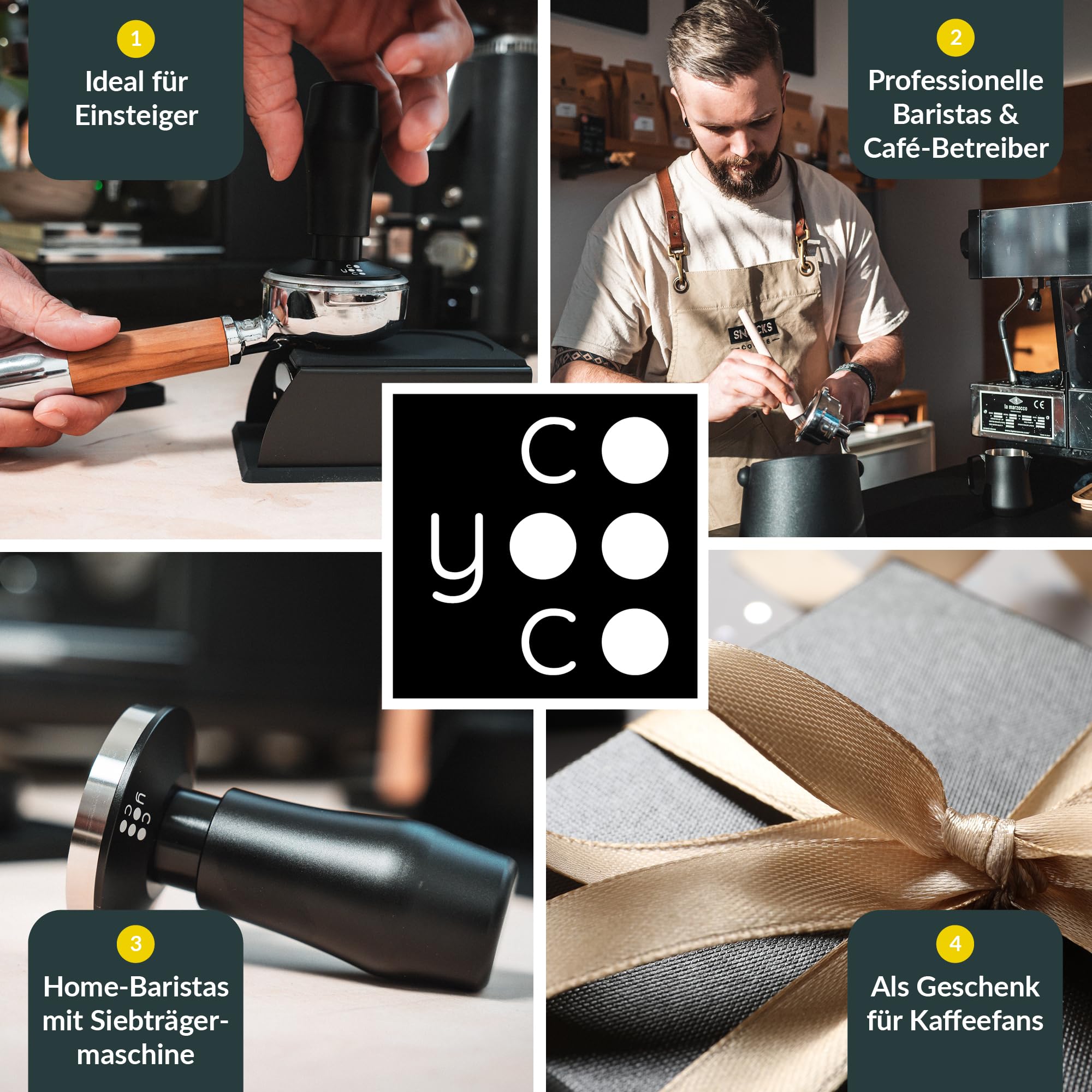 Coyooco Barista Tamper druckregulierend 58,5 mm - Siebträger Tamper mit Feder für gleichmäßigen Druck - Kaffeestempel mit ergonomischem Griff
