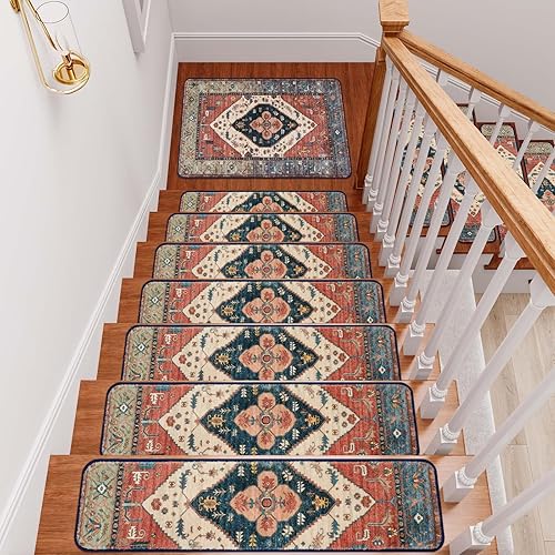 Miniatura 25 de OJIA Alfombra antideslizante a juego para peldaños de madera, parte trasera de goma cuadrada antideslizante, alfombra de aterrizaje para escaleras