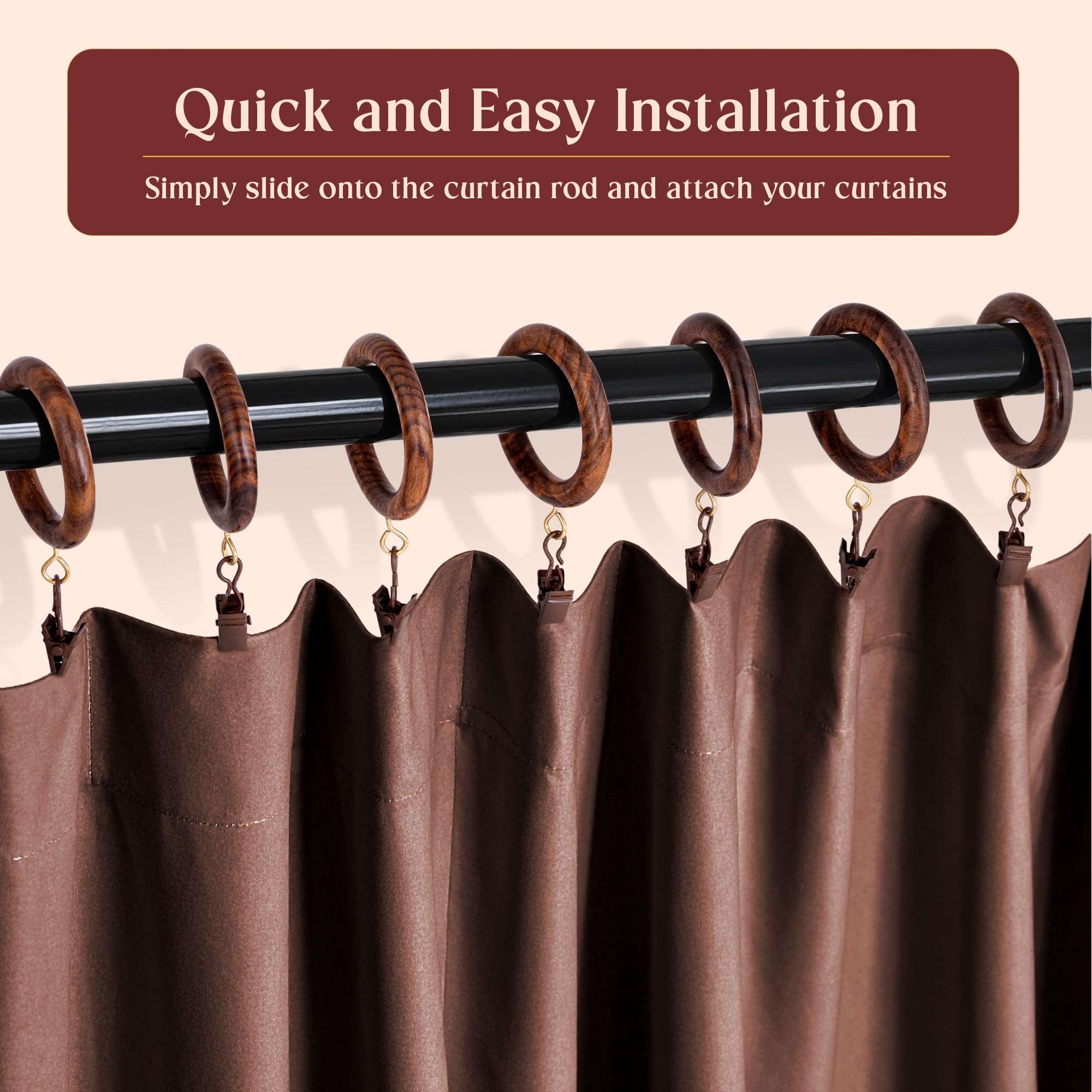 Lot de 48 anneaux de rideaux en palissandre fabriqués à la main avec clips – 6,3 cm extérieur et 4,4 cm de diamètre intérieur – Anneaux de draperie en bois lisse avec clips métalliques pour tringles à