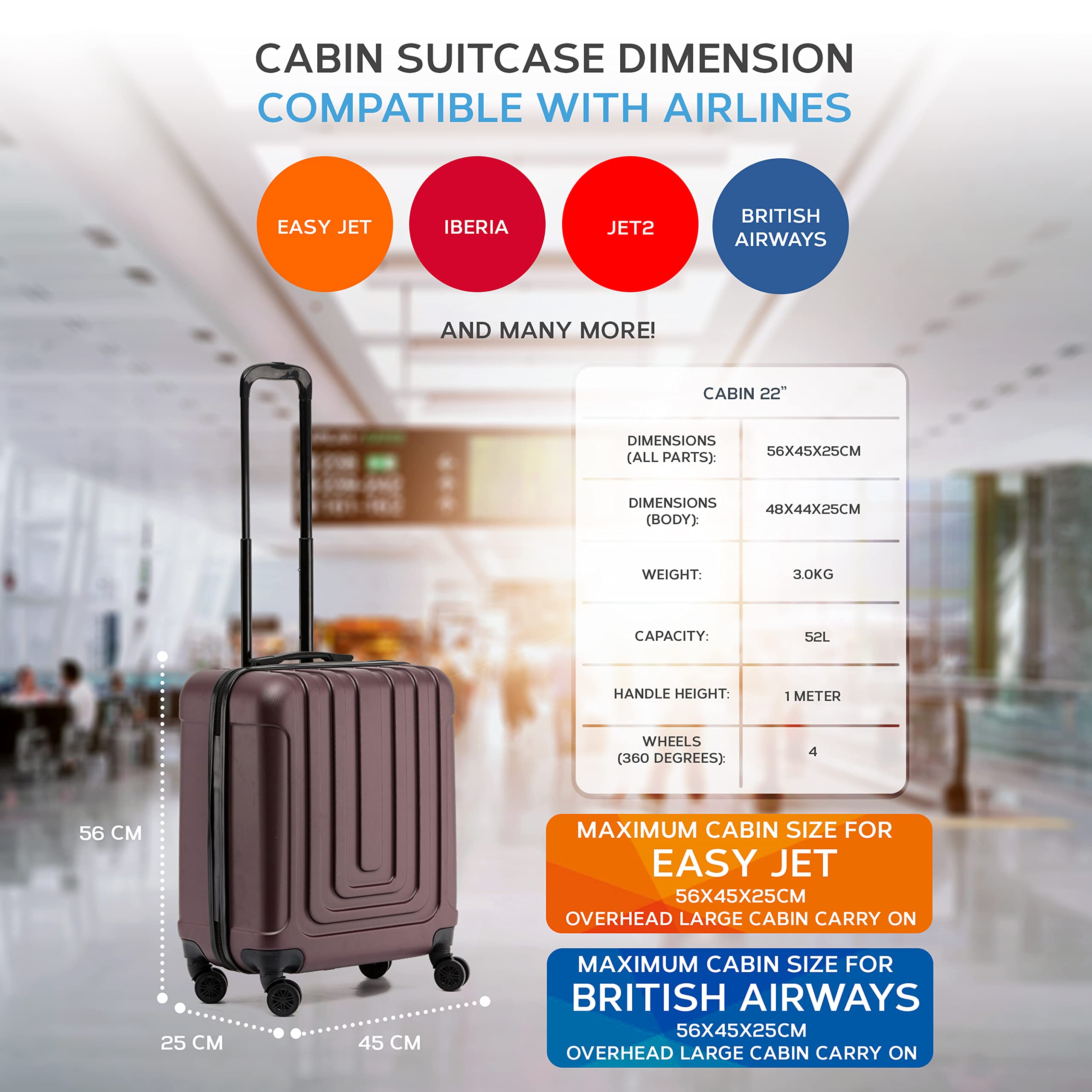 Flight Knight Premium Set of 2 Lightweight Cabin Suitcase - 8 Spinner Wheels - Built-in TSA Lock & USB Port - Luggage Approved for easyJet Flexi Fare Overhead Carry On - 56x45x25cm