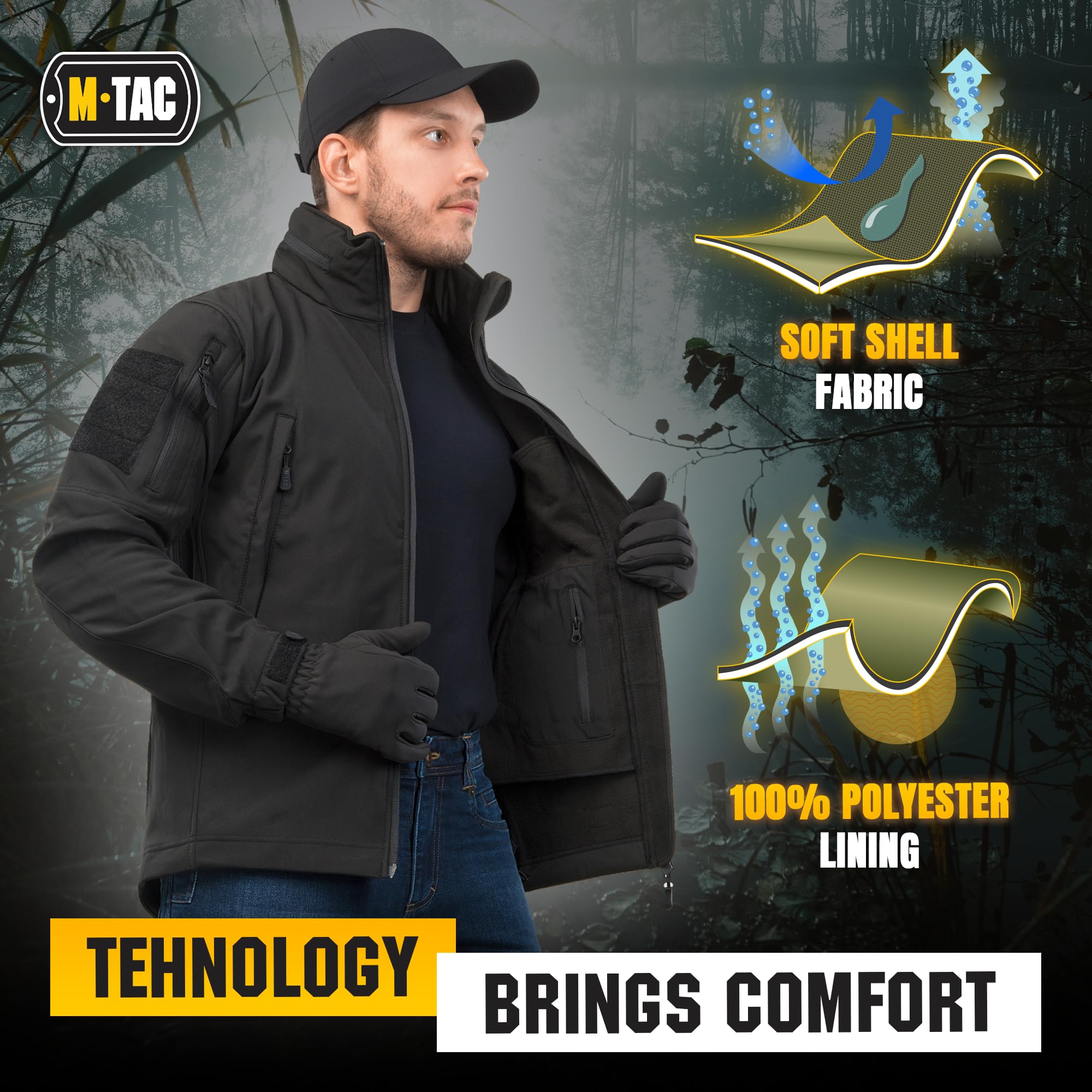 M-Tac Taktische Jacke mit Kapuze, Fleece-gefüttert, wasserabweisende Softshell-Jacke für Herren