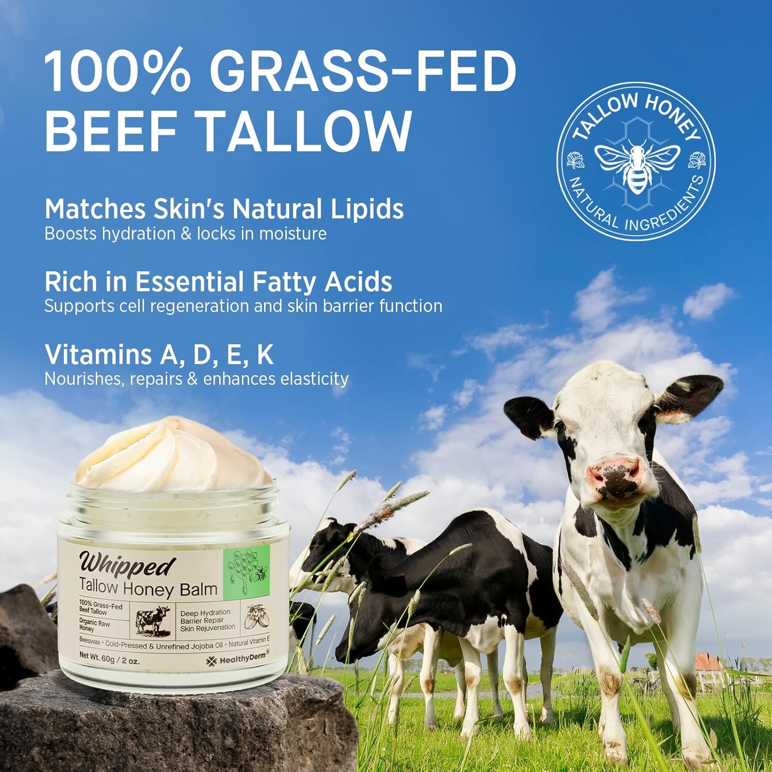 Beef Tallow Honey Balm for Skin: 100% Grass Fed Organic Moisturizer with Organic Raw Honey, Jojoba Oil, Vitamin E – Natural Face and Body Care for Mature, Dry or Sensitive Skin, 2oz, Pack of 2