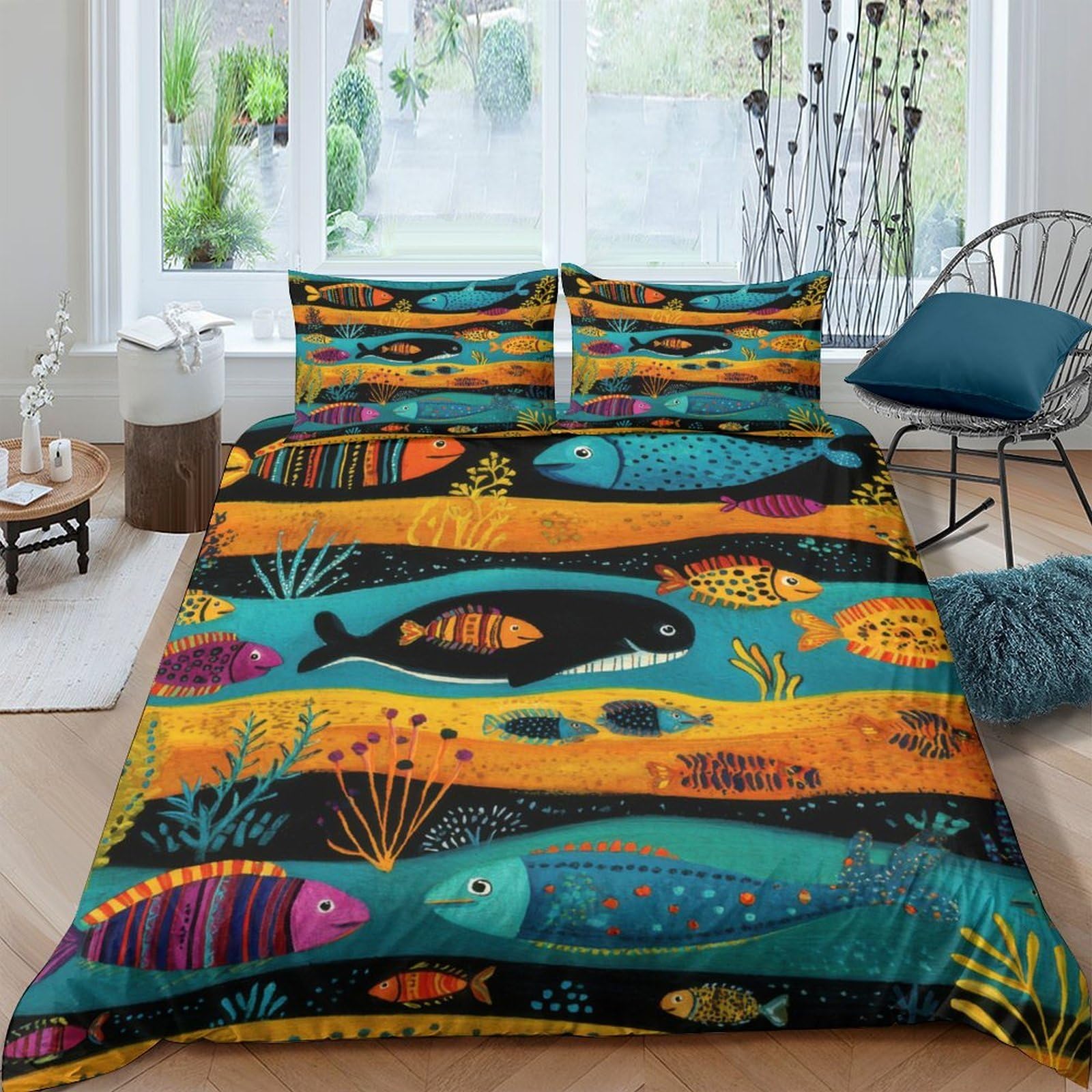 Housse de couette microfibre océan 140x200 parure lit poisson