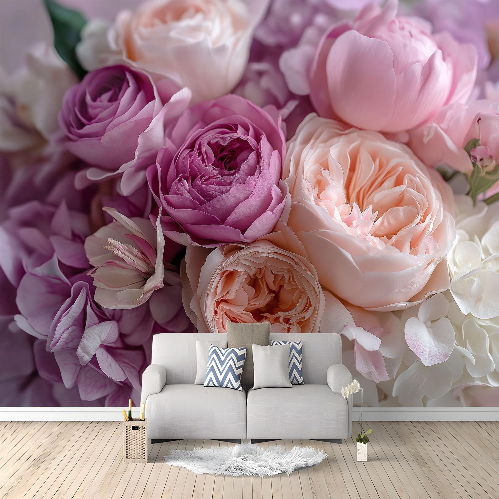 Papier peint panoramique rose pour salon et chambre effet floral 3D