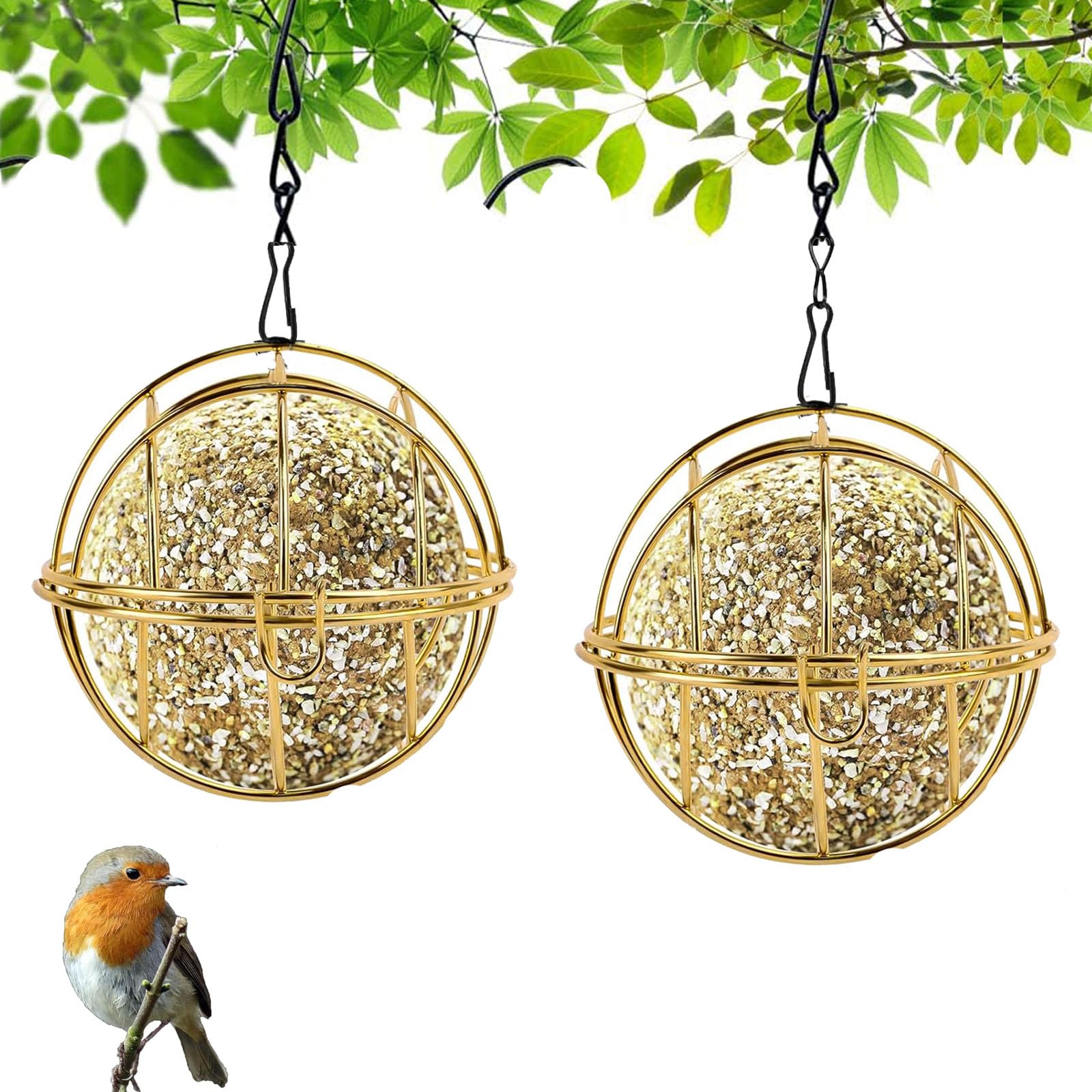 2 Piezas Comedero para Pájaros Bolas, Comedero Pájaros Bolas de Grasa para Colgar de Metal, Comederos Colgante para Pájaros Salvajes para Balcón Jardín, Oro