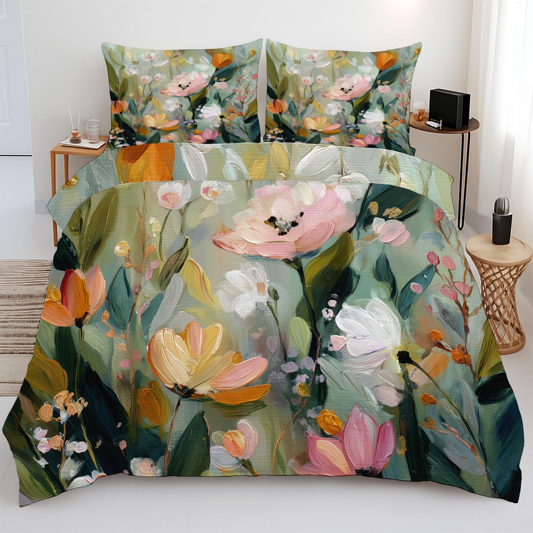 Housse de couette 240x260 fleurs aquarelle avec drap housse et taies