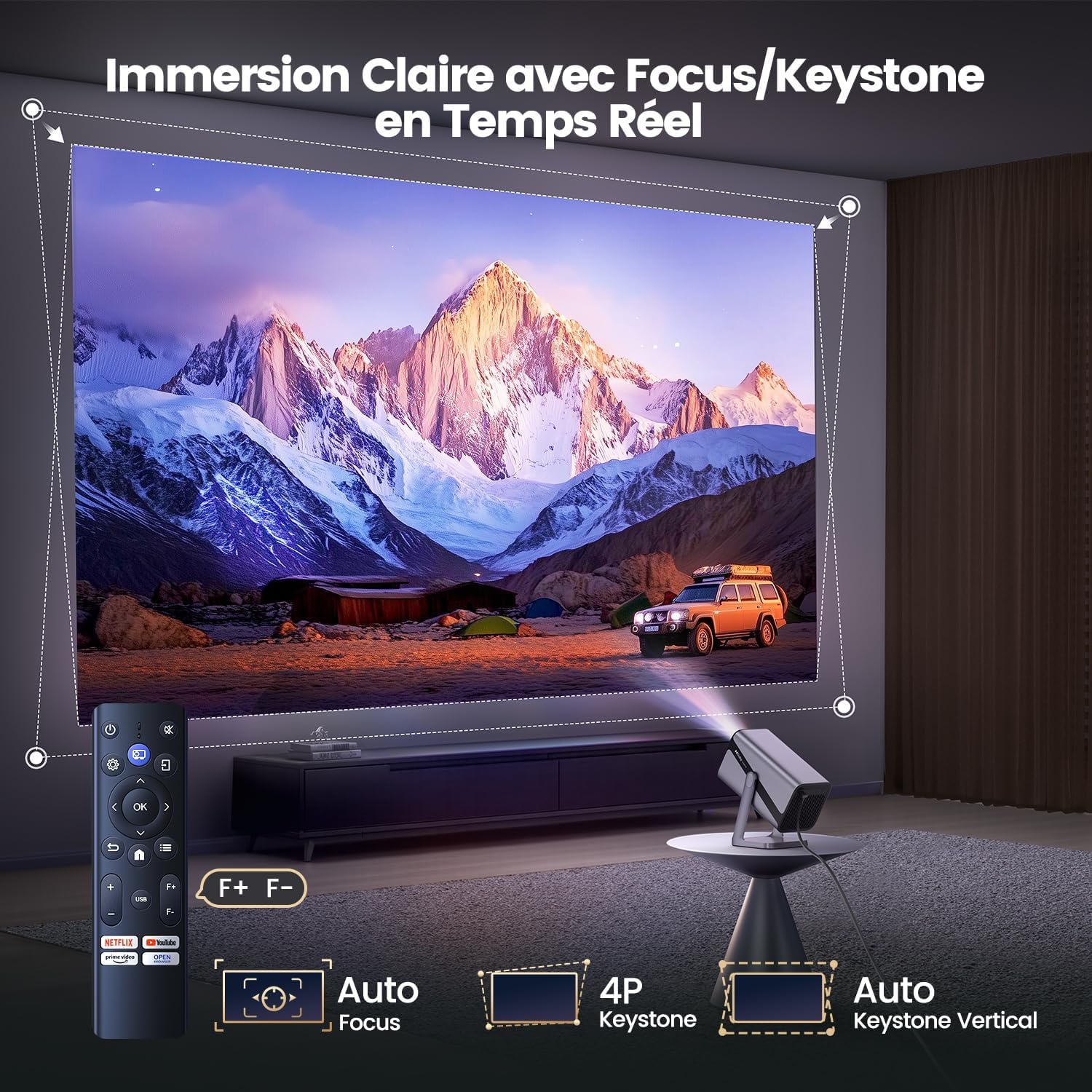 Inteligentny Przenośny Projektor [Netflix Ready/Dolby Audio] 4K Full HD 1080P Kino Domowe Projektory WiFi Bluetooth Obsługuje 800 ANSI, Auto Focus & Auto Keystone Verticale