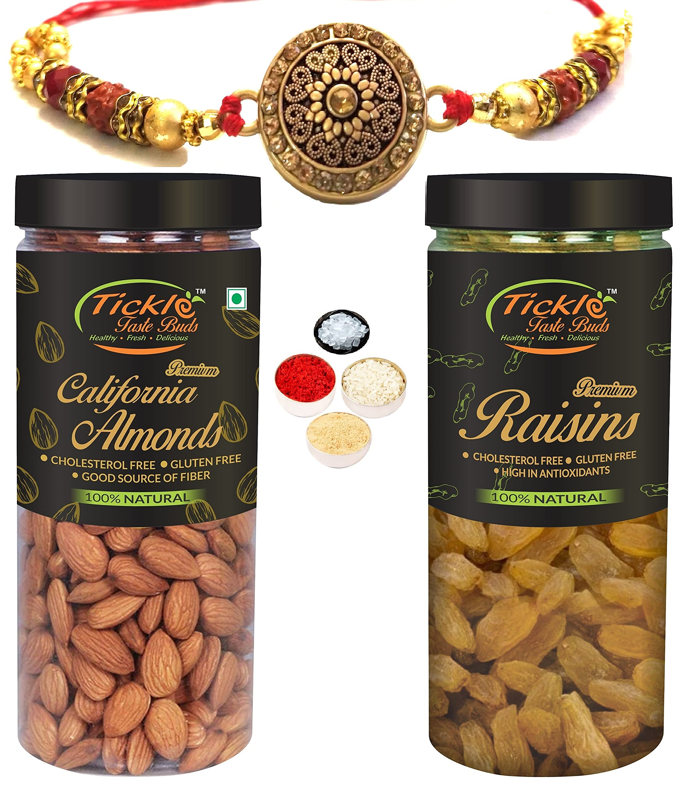 Designer Trendy Golden Rakhi for Brother Gift Combo with Badam & Kishmish Jars & Personal Message, Roli Tikka Chandan Chawal Mishri Special Pack for Bhai Bhaiya-image-18