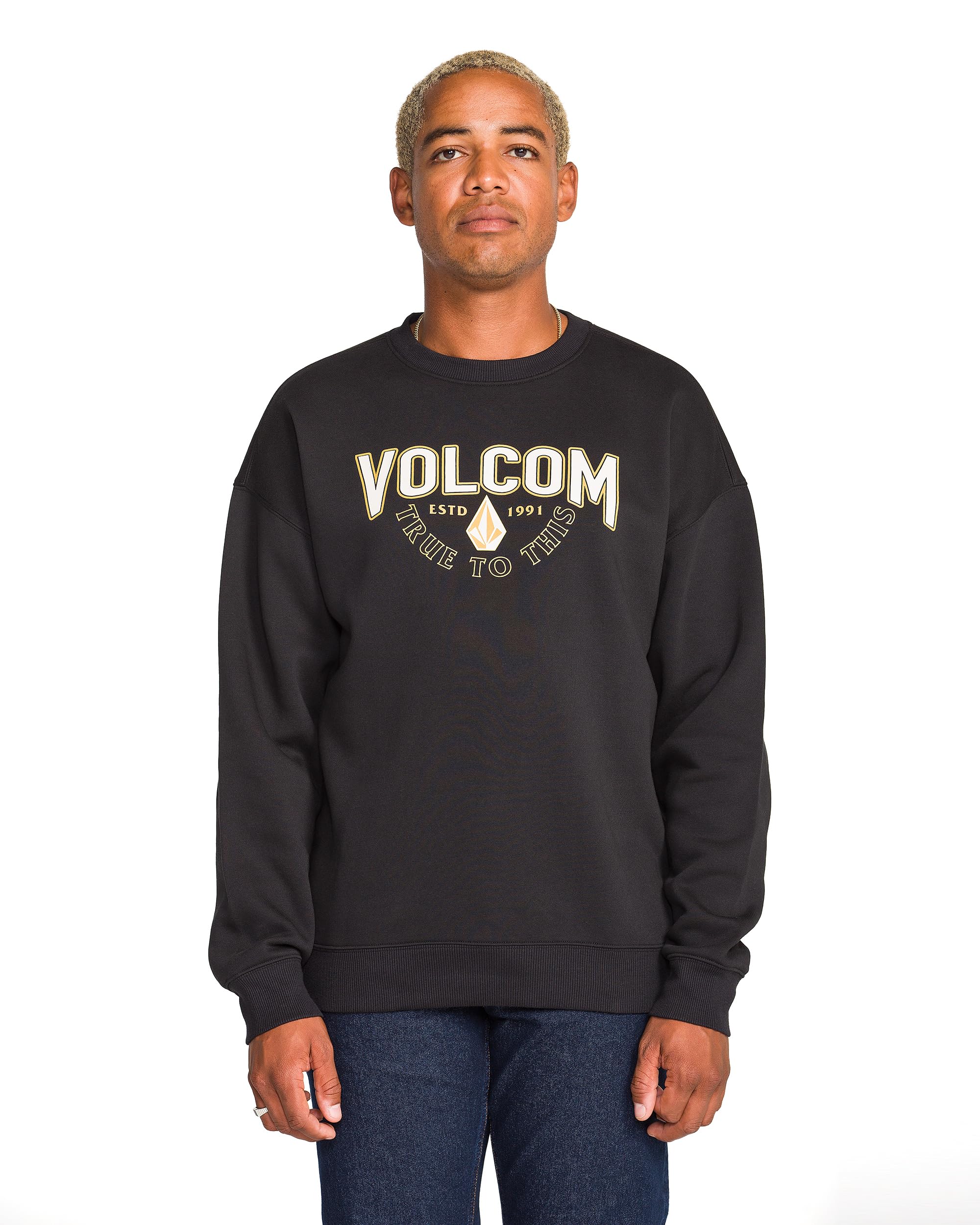 Volcom mens Roundabout Crew Fleece Sweatshirt – Soft Midweight Pullover Ribbed Cuffs, Edger Black, XXL