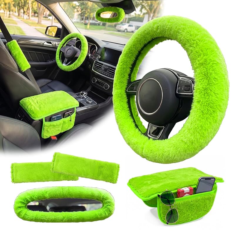 Kit de Acessórios Internos para Carro JUYQZ Verde com Capa de Volante, Apoio de Braço, Protetores de Cinto e Capa para Retrovisor – 5 peças