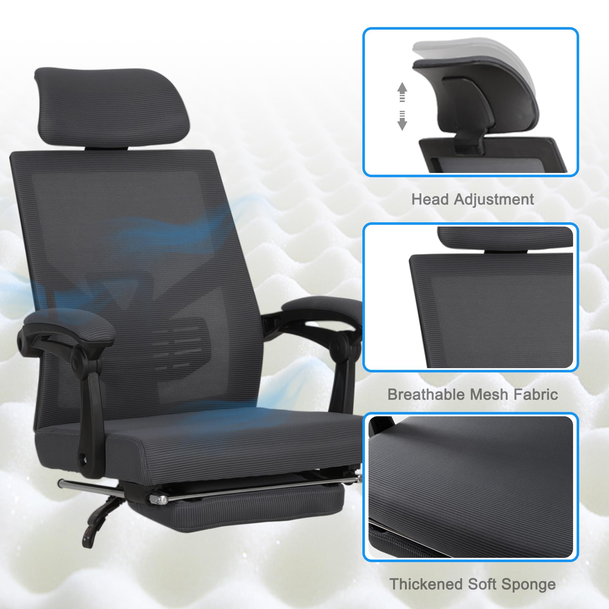 UEV Silla de Oficina Ergonómica con Reposapiés, Silla de Escritorio con Reposacabezas Ajustable, Soporte Lumbar, Regulable en Altura, Inclinable, hasta 136 kg, Tejido Transpirable, Gris