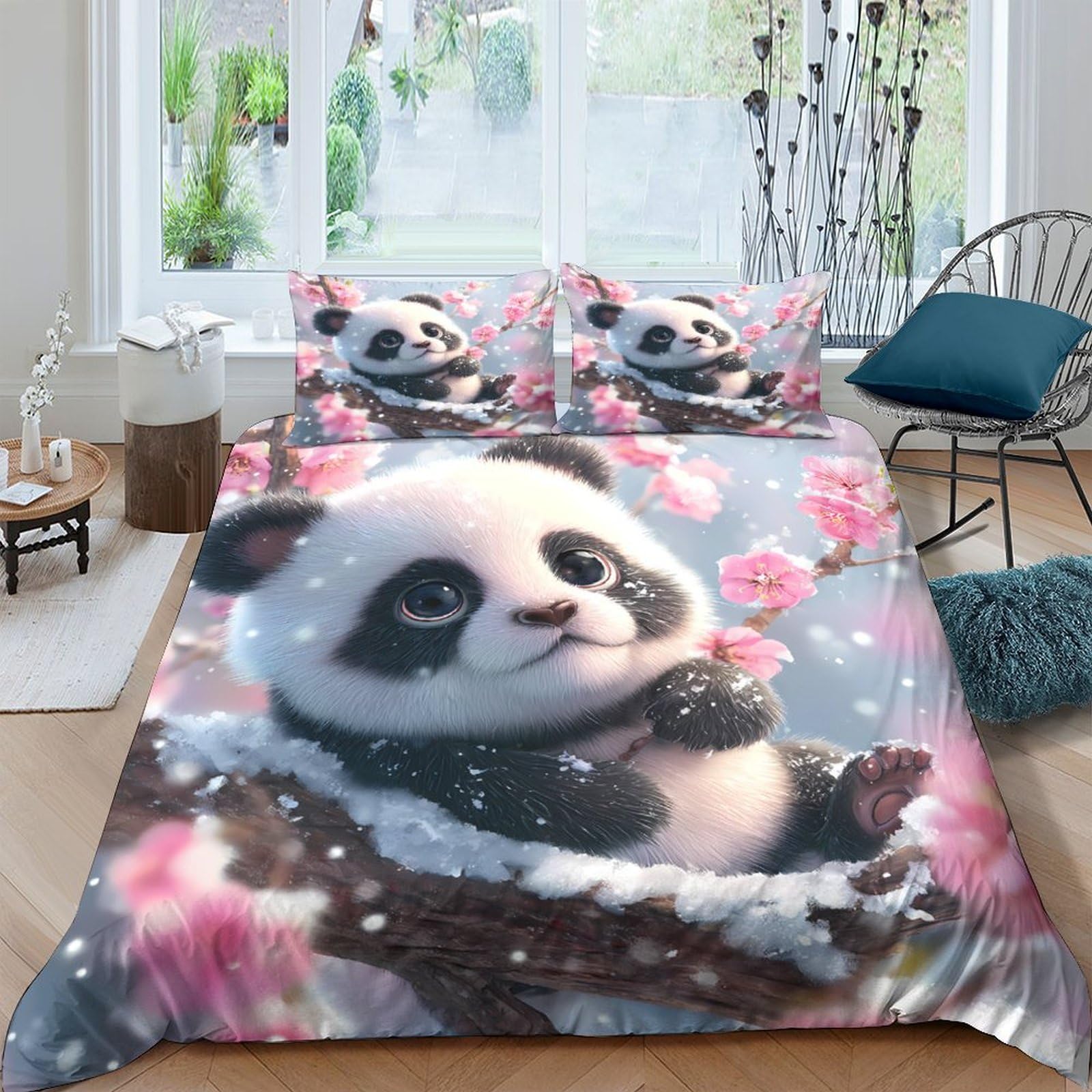 Taie de couette panda 3D 140x200 cm avec taie d'oreiller pour lit simple