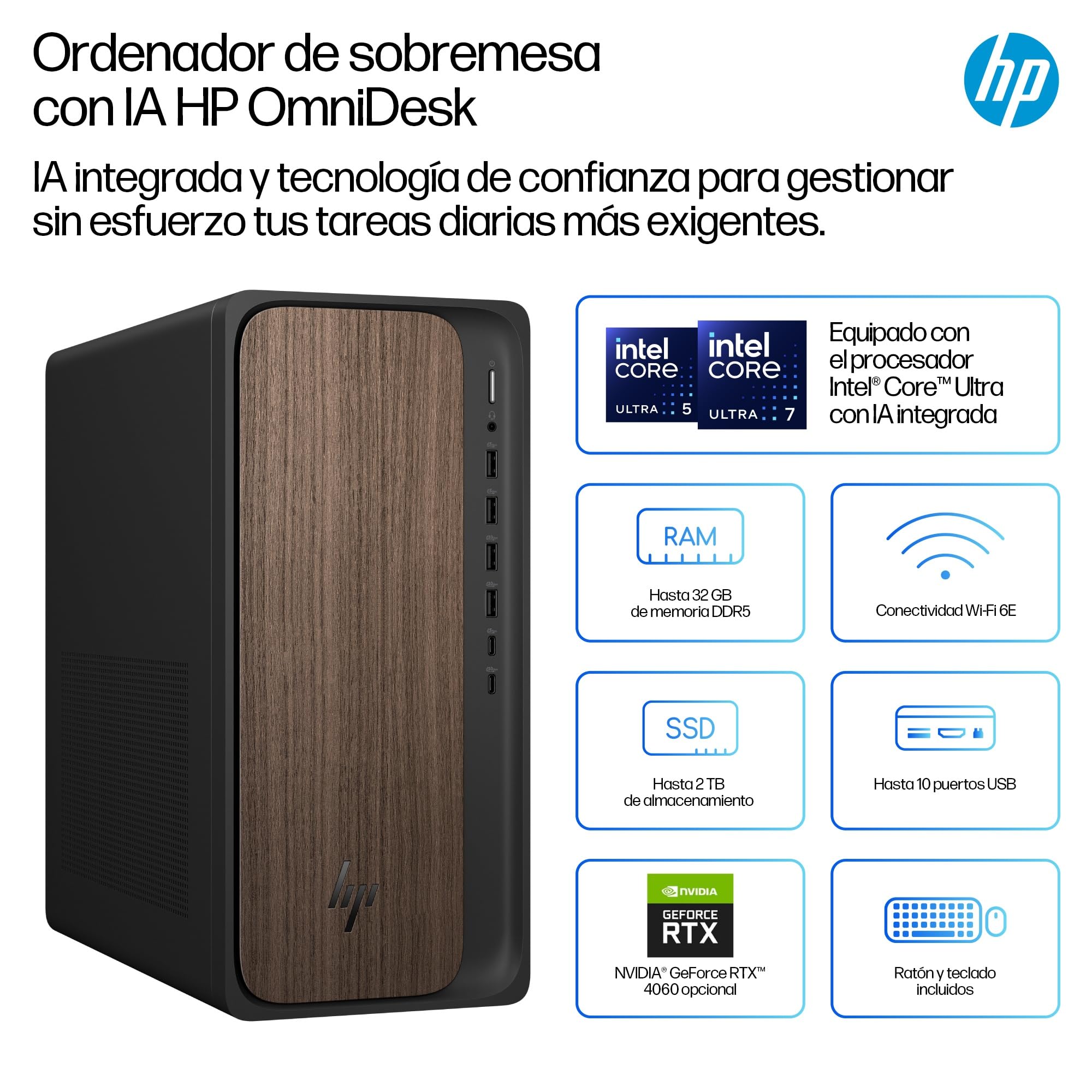 HP OmniDesk AI, Ordenador de Sobremesa con IA, Intel Core Ultra 5 225, 16GB RAM, 1TB SSD, Wi-Fi 6E, Windows 11 Home, Gráficos Intel, PC Torre para Trabajo y Productividad, Marrón
