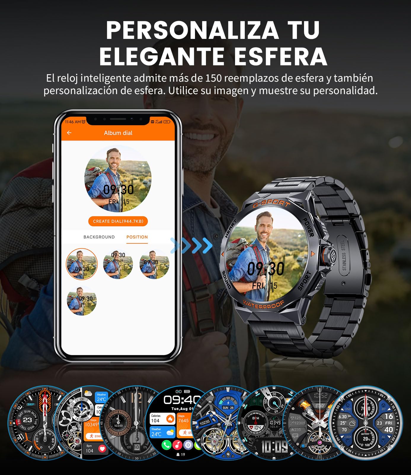 DREMAC Reloj Inteligente Hombre,1.43" AMOLED Smartwatch Militar con Llamadas Bluetooth,IP68 Impermeable, 120+ Modos Deporte,Pulsómetro Presión Arterial Monito de Sueño, Compatible con Android iOS