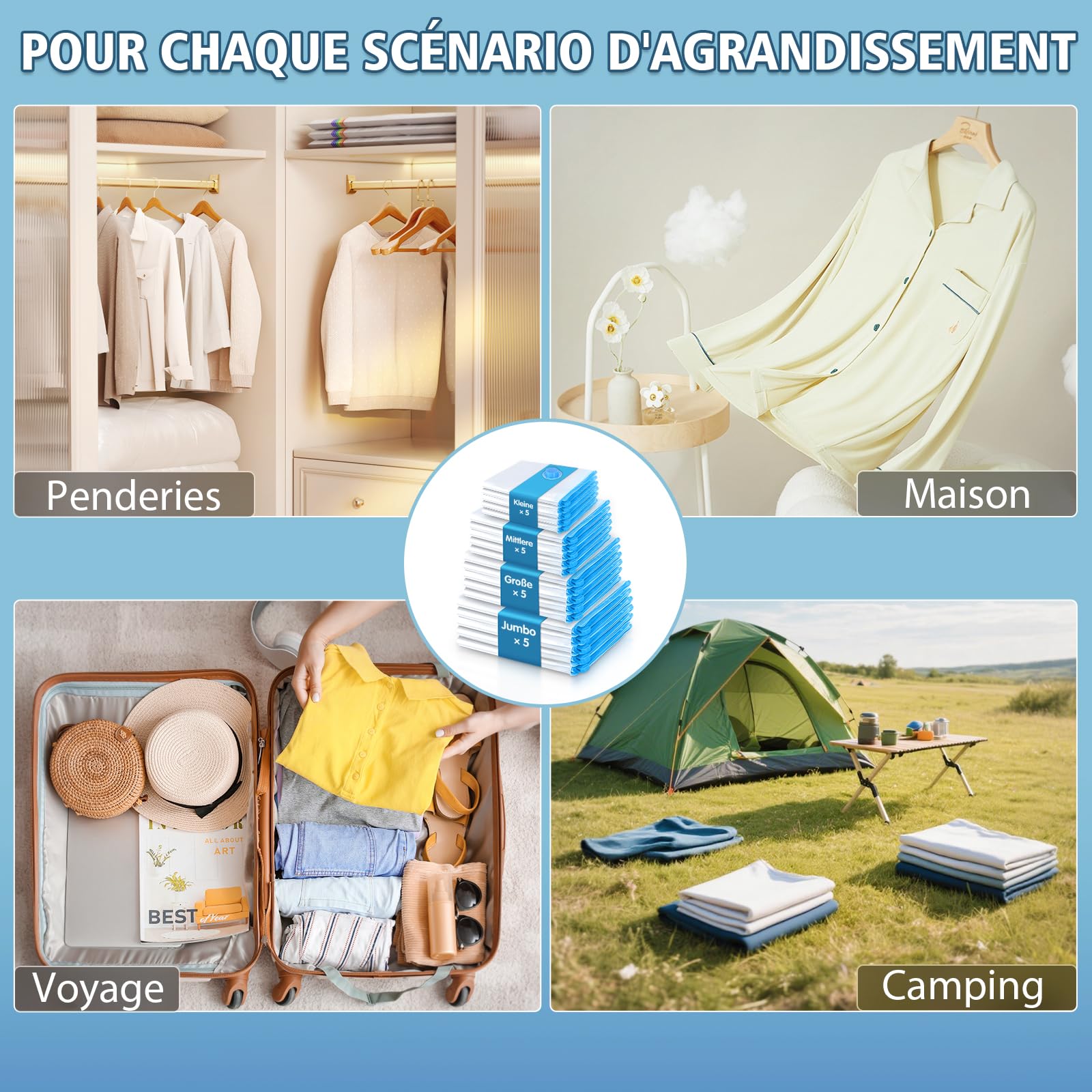 Sac Sous Vide Vetement Aspirateur 20 Pièces (5XL*100X70cm 5L*80x60cm 5M*70x50cm 5S*60x40cm) avec Pompe Électrique - Sac Sous Vide pour Vêtements, Couettes, 80% d'Espace Gagné - Réutilisable