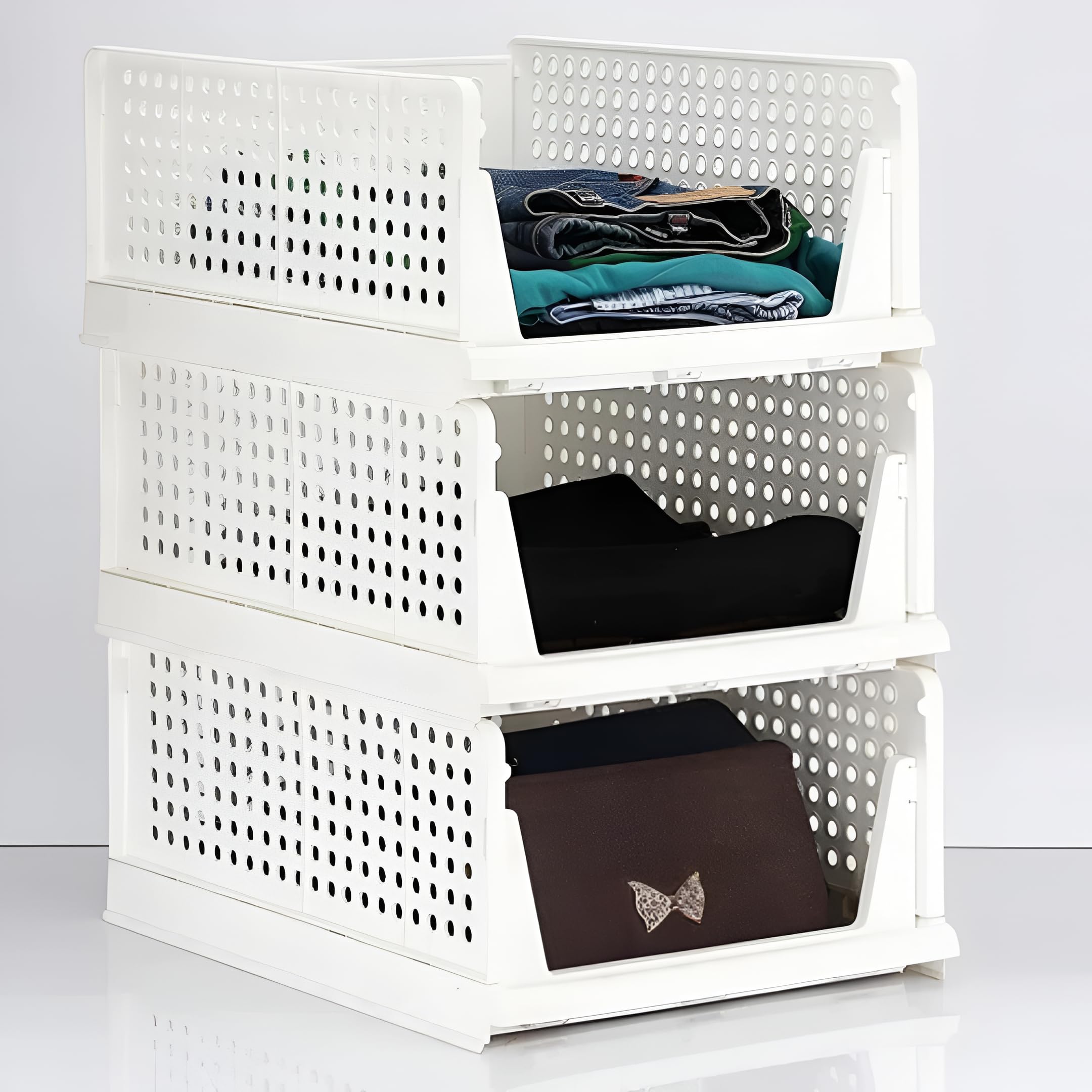 3-Layer Foldable Wardrobe Organizer, Stackable Plastic Storage Bins with Sliding Drawer Tracks, Multi-Purpose Closet Cupboard Shelves for Clothes, Toys, Kitchen, and Office Organization-image-18