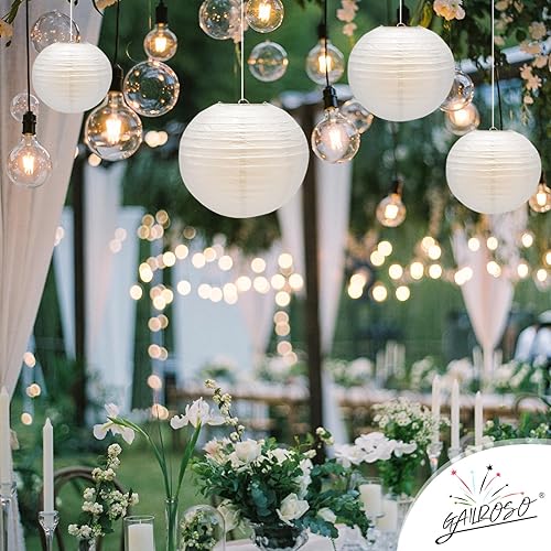 Miniatura 6 de GAILROSO 6 linternas de papel blanco, faroles de papel chinosjaponeses de 14 pulgadas con ganchos y cuerda, farol redondo colgante blanco para