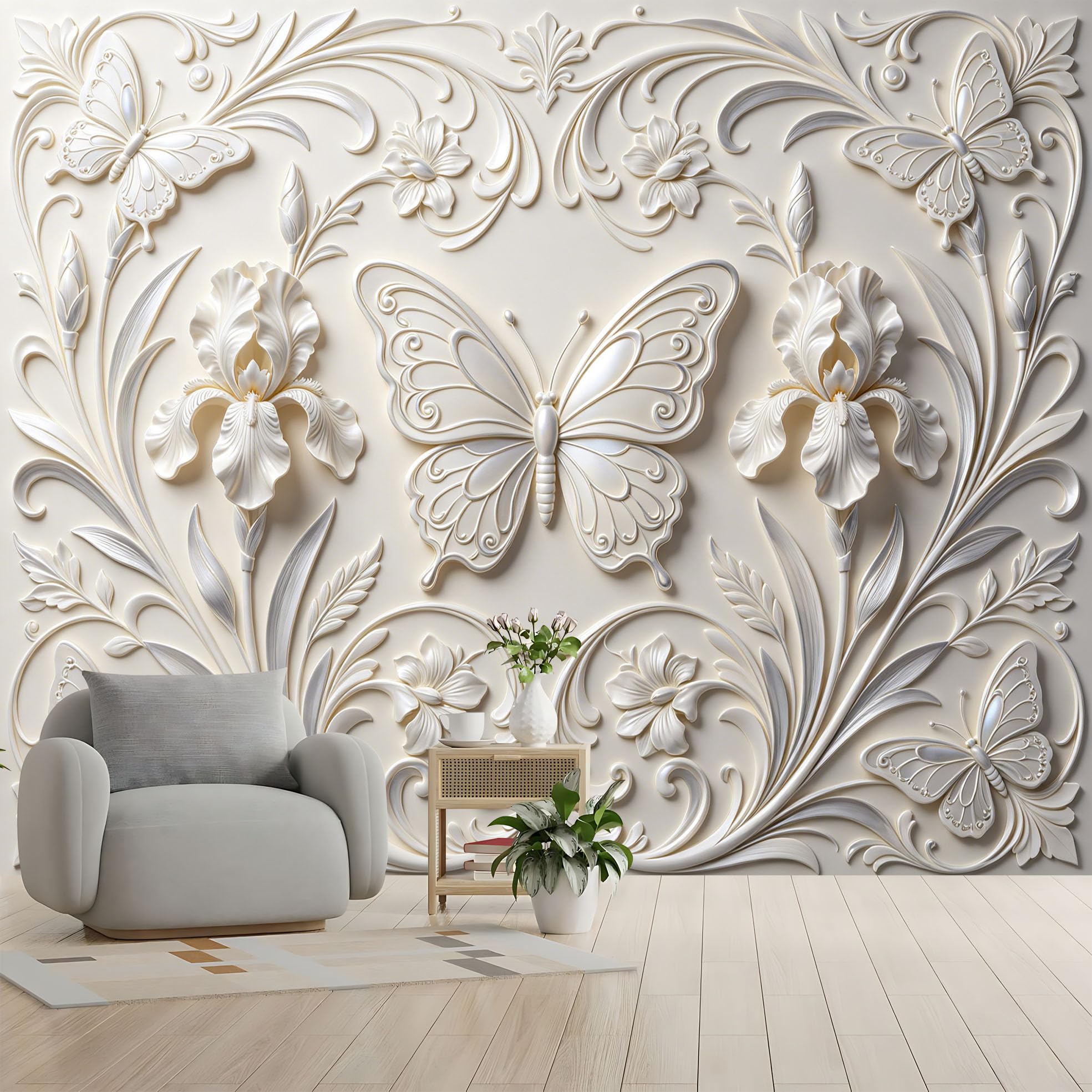 Tłoczony kwiatowy wzór 3D tapeta z włókniny motyl i irys styl barokowy elegancki kremowy kolor kości słoniowej 450 x 315 cm idealna do dekoracji sypialni lub ścian salonu