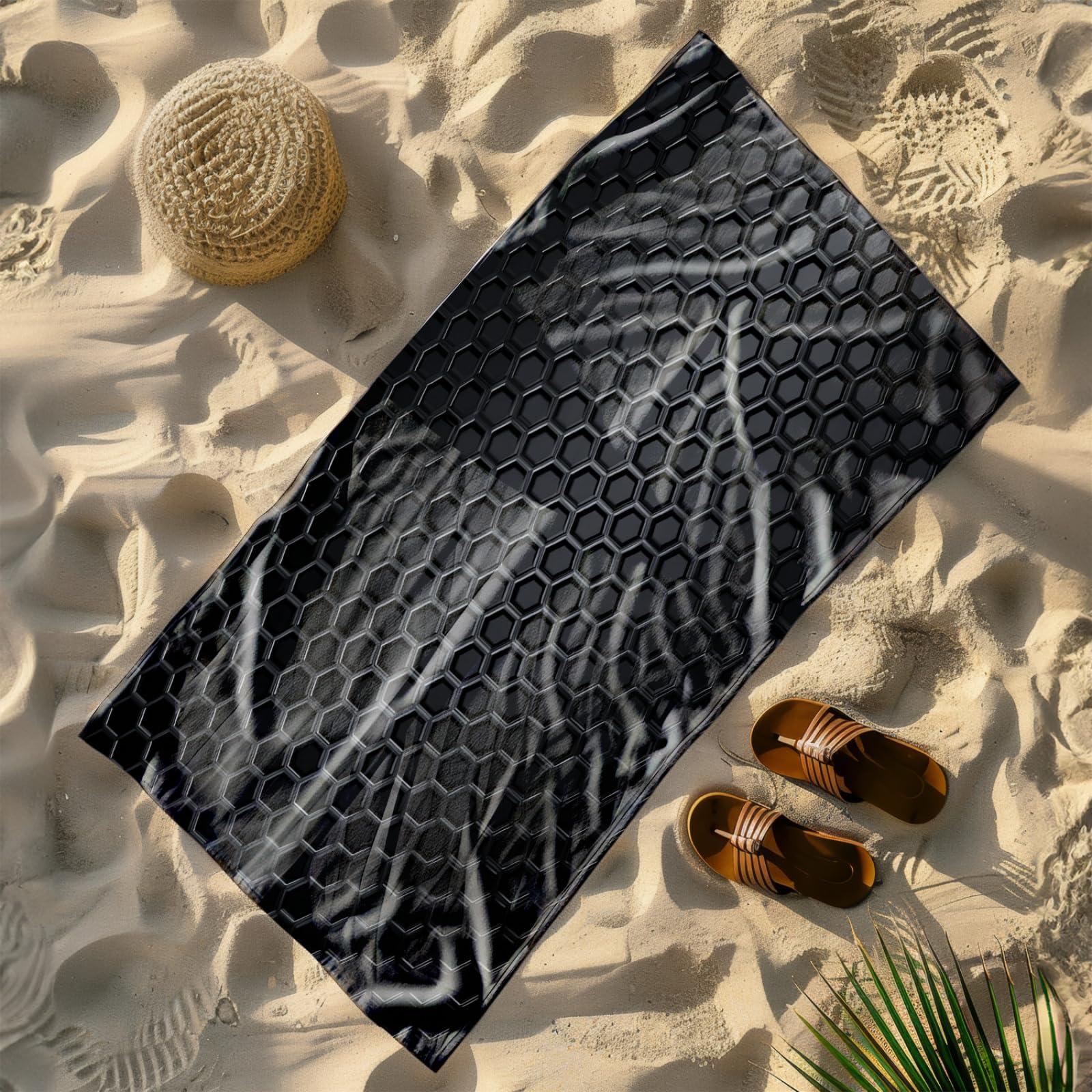 Telo Mare Grande Modello Geometrico Nero | Microfibra Telo Mare Antisabbia Leggero Compatto Asciugatura Rapida Assorbente Per Piscina Bagno Lavabile Fino