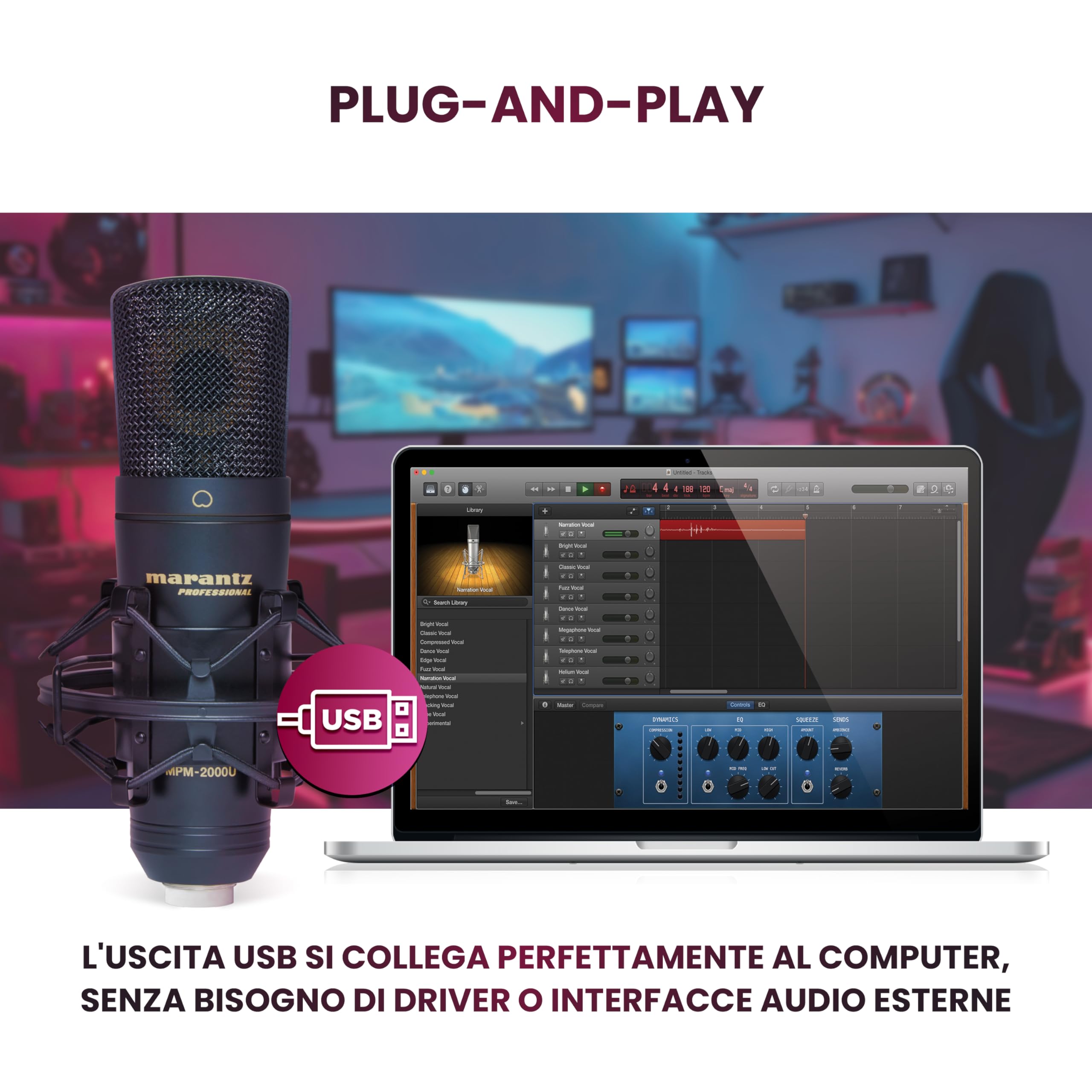 Marantz Professional MPM-2000U - Microfono USB a Condensatore per Gaming, Streaming, Podcast e Registrazioni PC/Mac - Cardioide, Shockmount, Cavo USB e Custodia Inclusi, Nero